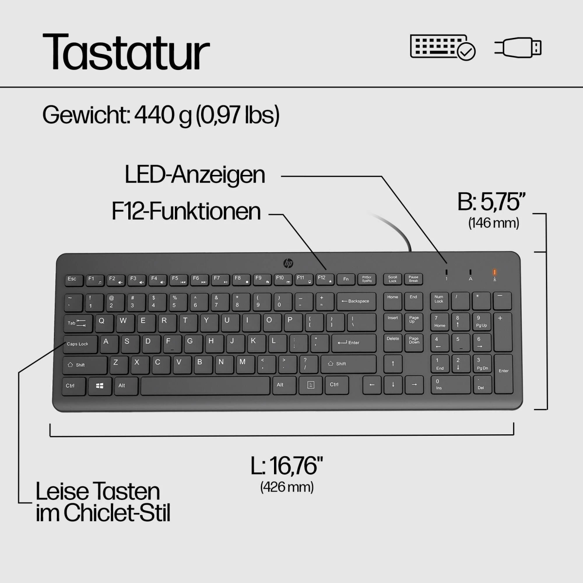 Diagramma di una tastiera HP nera con dimensioni, peso e funzioni etichettate.