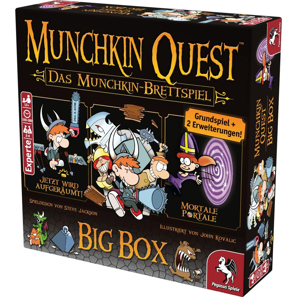 Munchkin Quest Big Box Brettspiel Verpackung mit bunten Cartoon Figuren und gelber Aufschrift auf schwarzem Hintergrund.