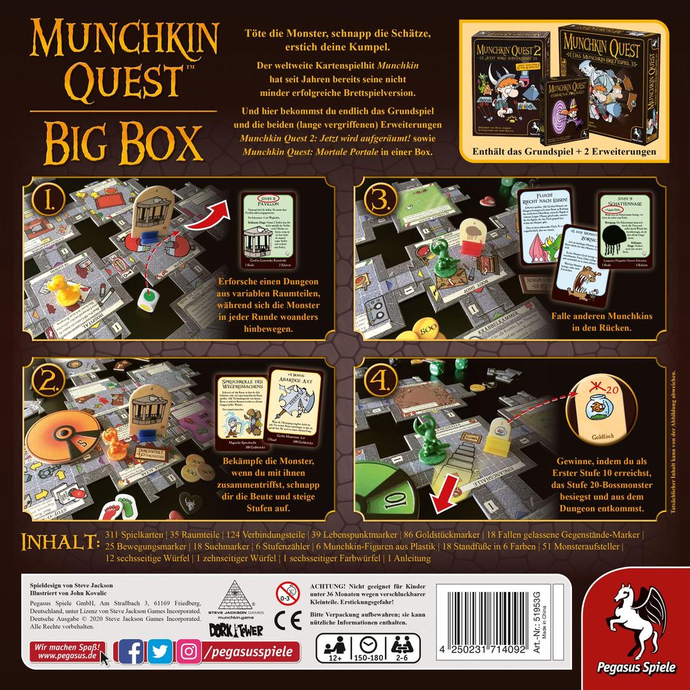 Rückseite der Munchkin Quest Big Box mit Spielteilen, Karten, Anleitung und Spielszenen in vier Schritten.