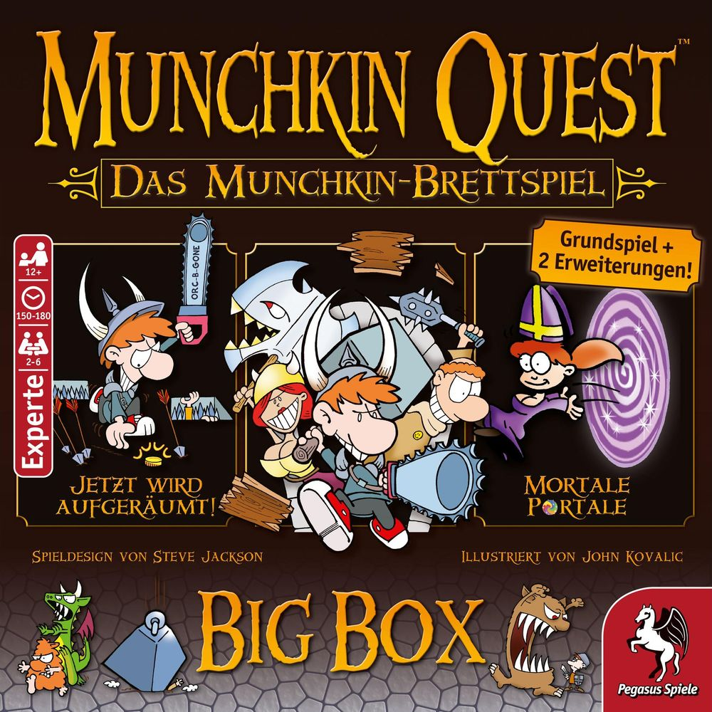 Munchkin Quest Big Box Cover mit cartoonartigen Charakteren und Monstern auf braunem Hintergrund.