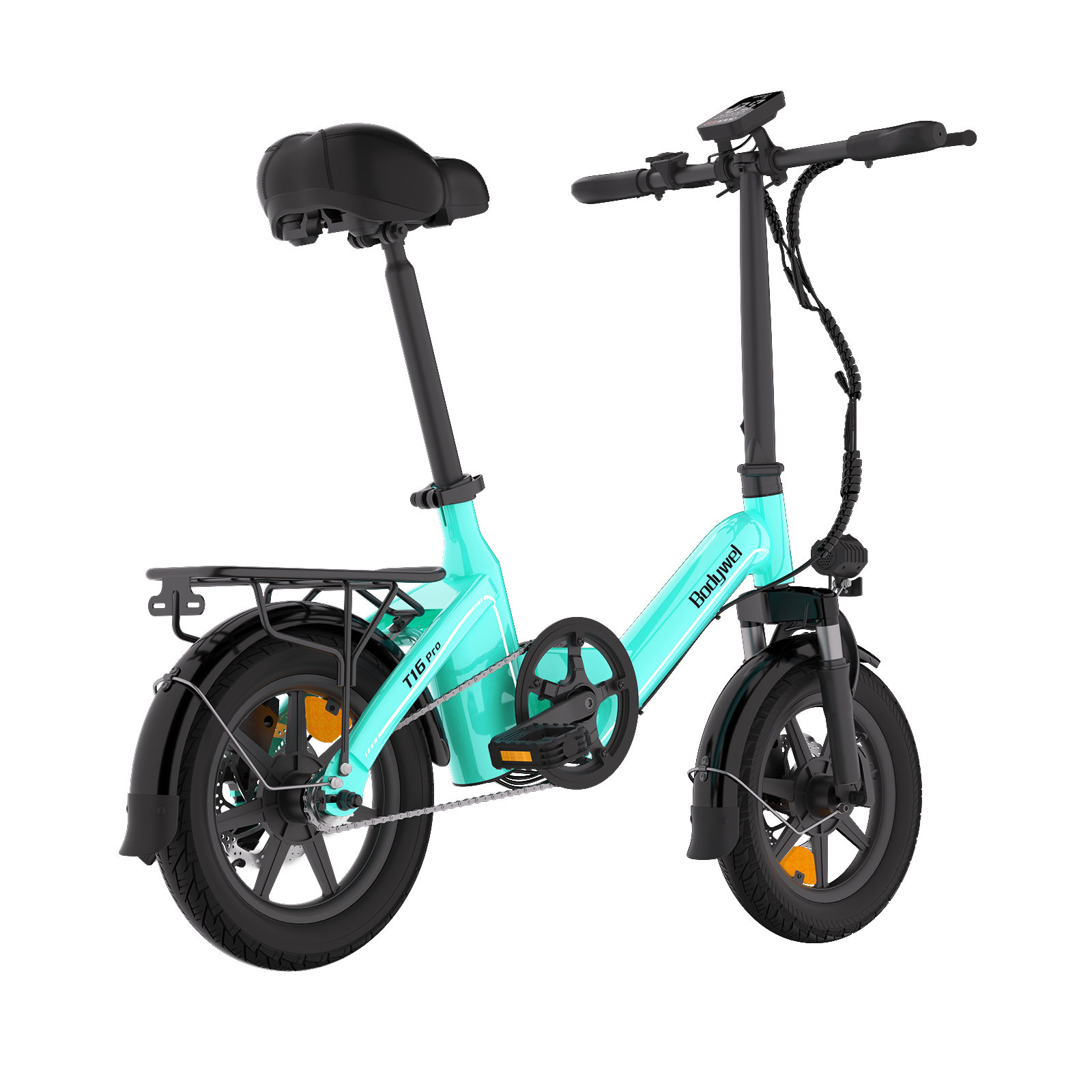 Ein türkises E-Bike mit schwarzem Sattel, Schutzblechen und Gepäckträger auf weißem Hintergrund.