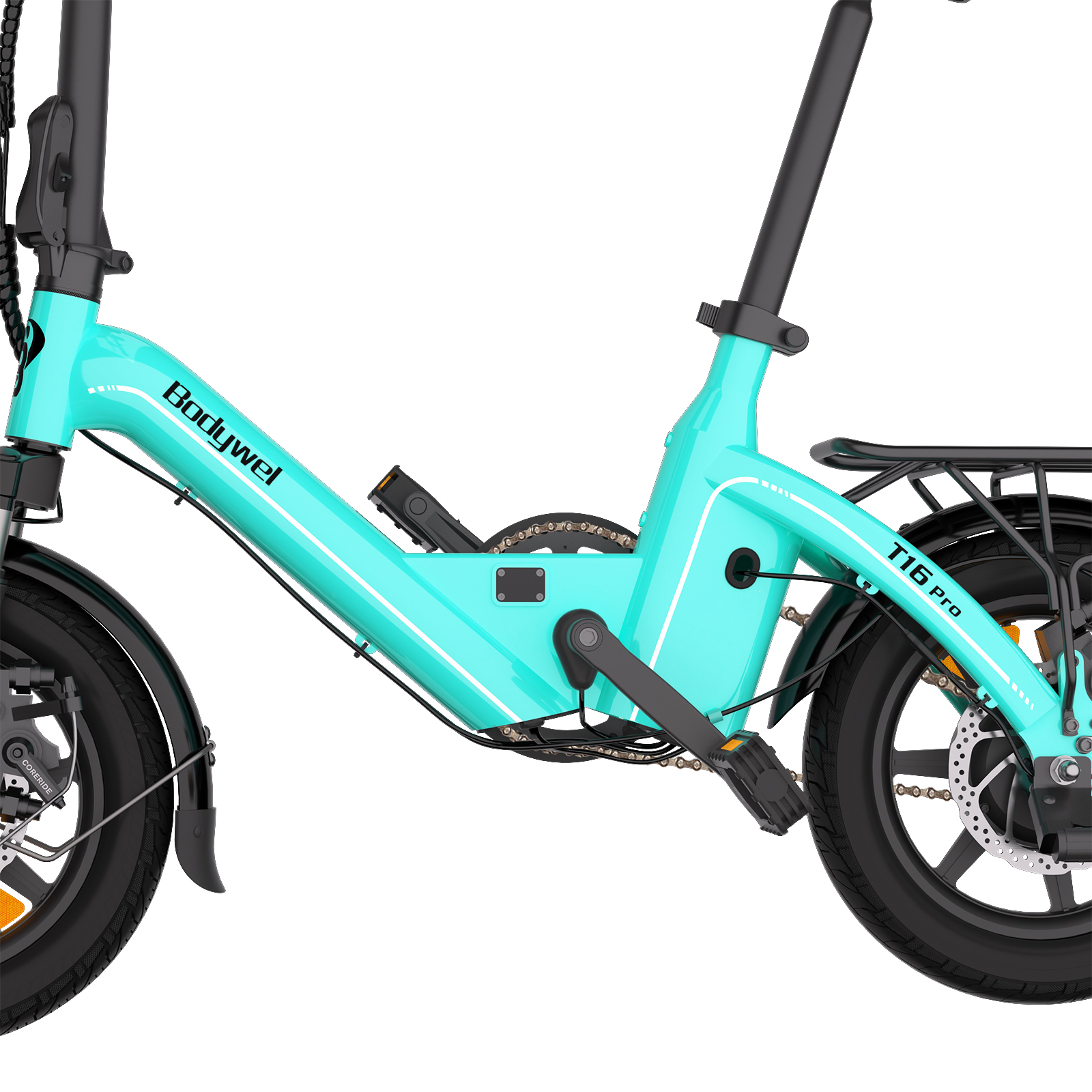 Ein hellblaues Bodywel T16 Pro Faltrad mit schwarzem Rahmen, Pedalen und Kotflügeln vor weißem Hintergrund.