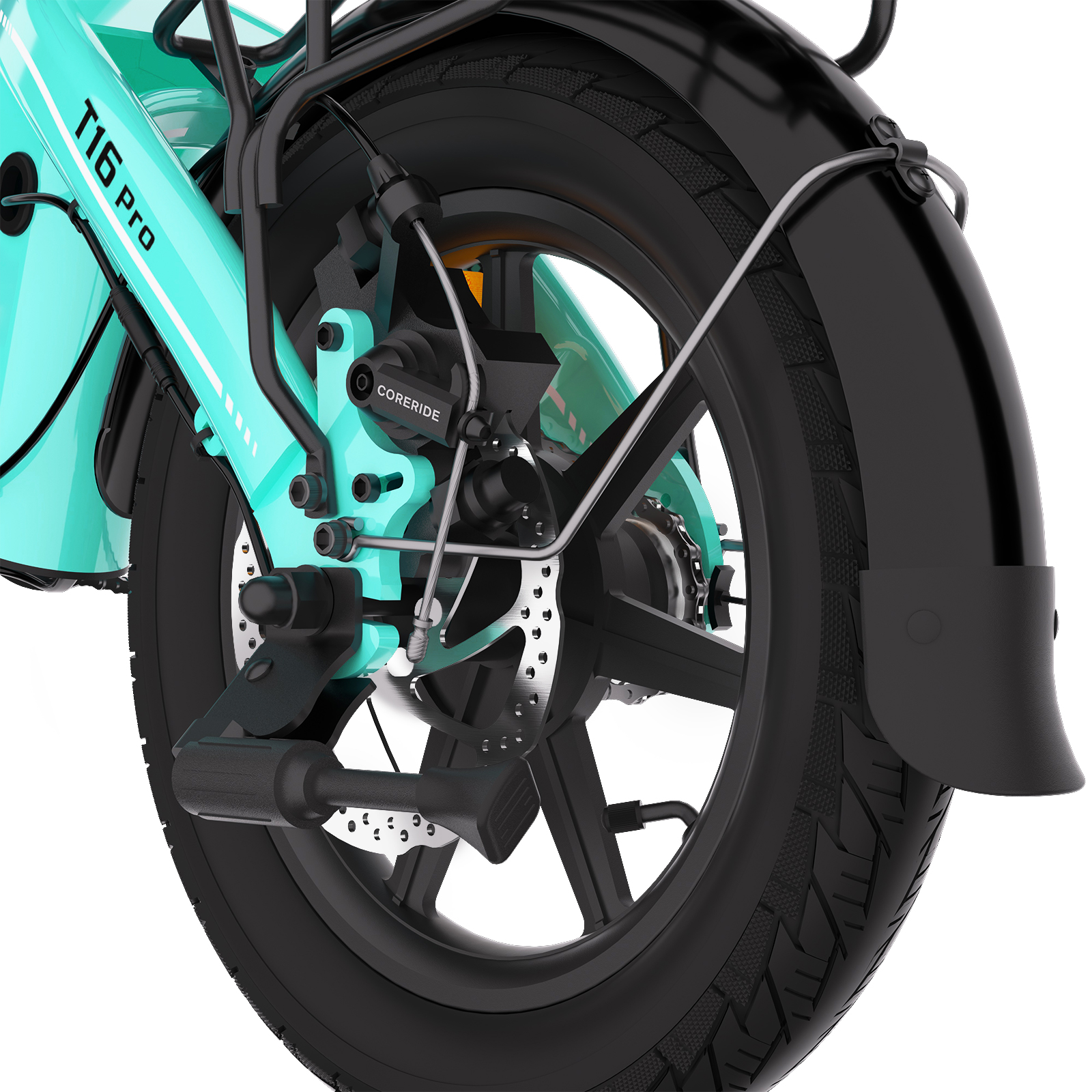 Nahaufnahme des Hinterrads, der Scheibenbremse und des Pedals eines türkis-schwarzen T16 Pro E-Bikes auf weißem Grund.