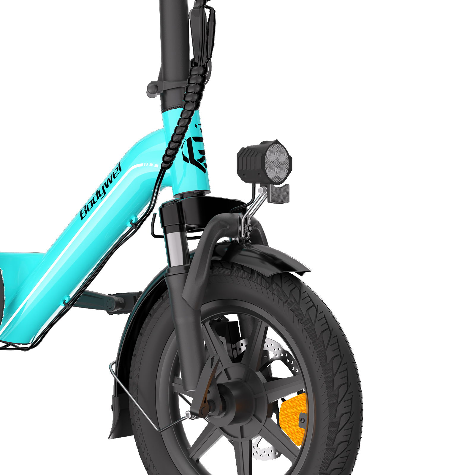 Nahaufnahme eines hellblauen E-Bike-Vorderrads, der Gabel, des Scheinwerfers und des Rahmens.