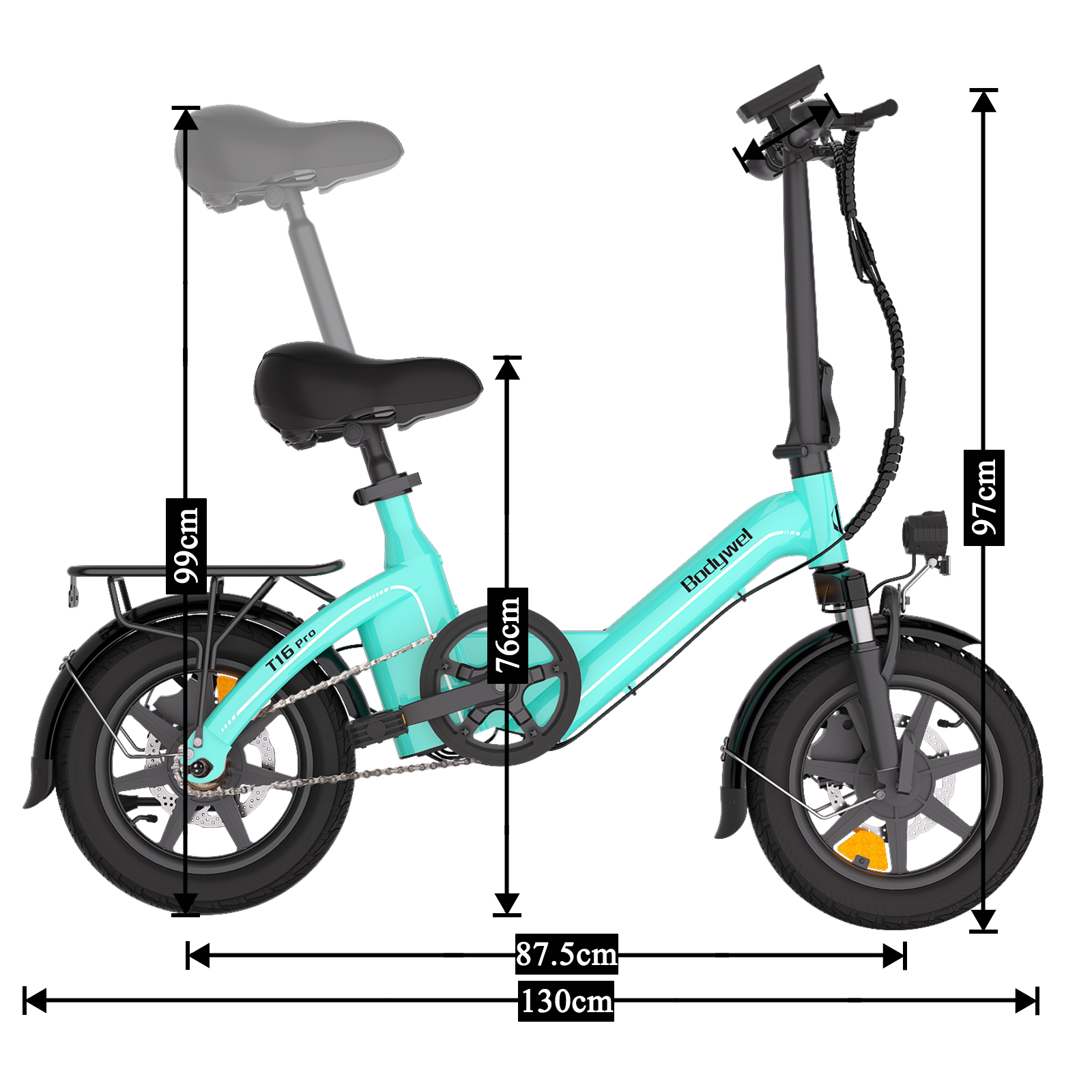 Türkis farbenes E-Bike mit schwarzen Rädern, Sitz und Lenker, mit Maßangaben in Zentimetern versehen.