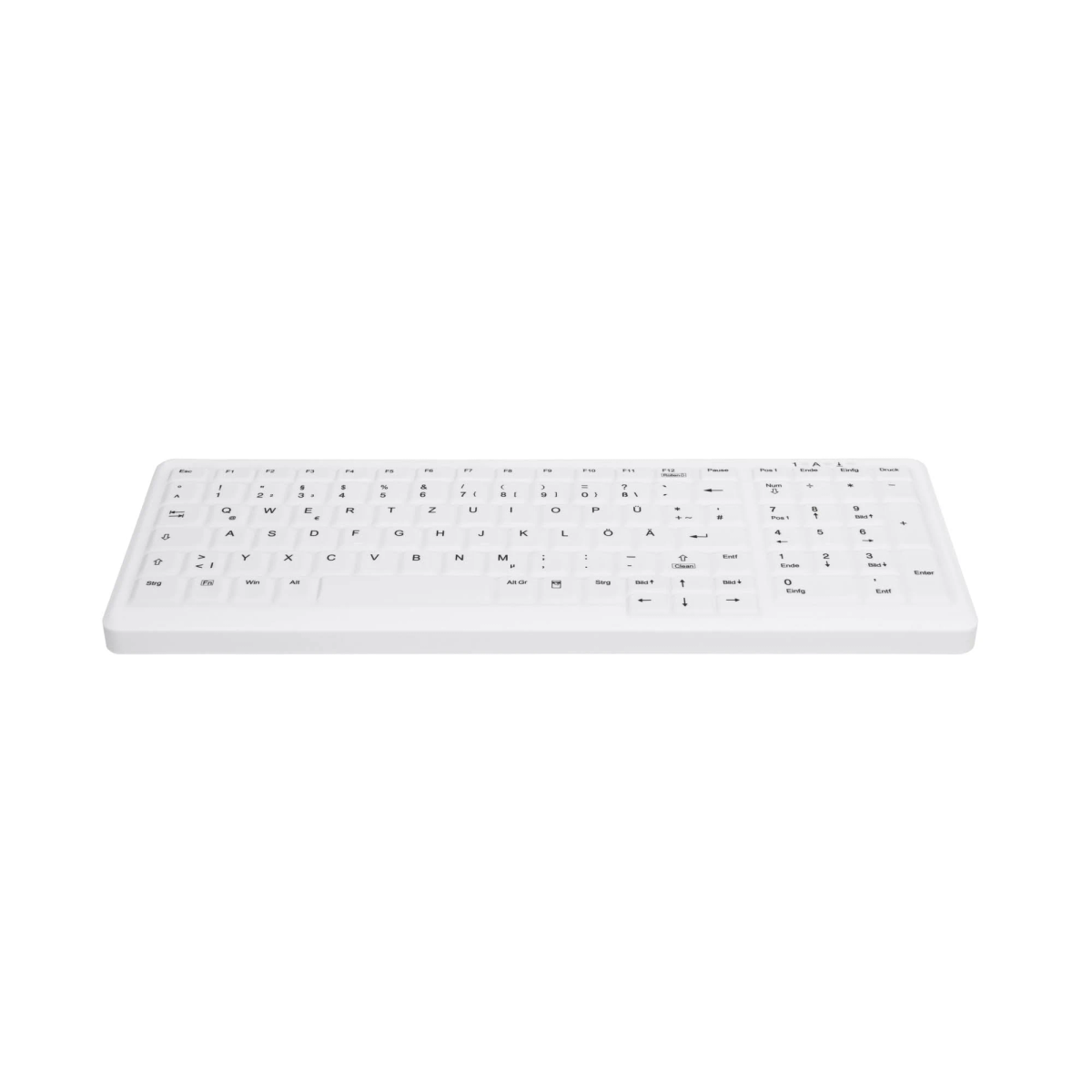 Un teclado blanco con distribución alemana sobre fondo blanco.