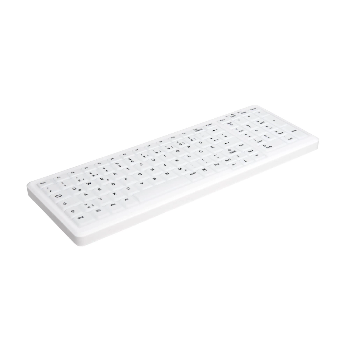 Un teclado de ordenador blanco con teclas planas aislado sobre un fondo blanco.