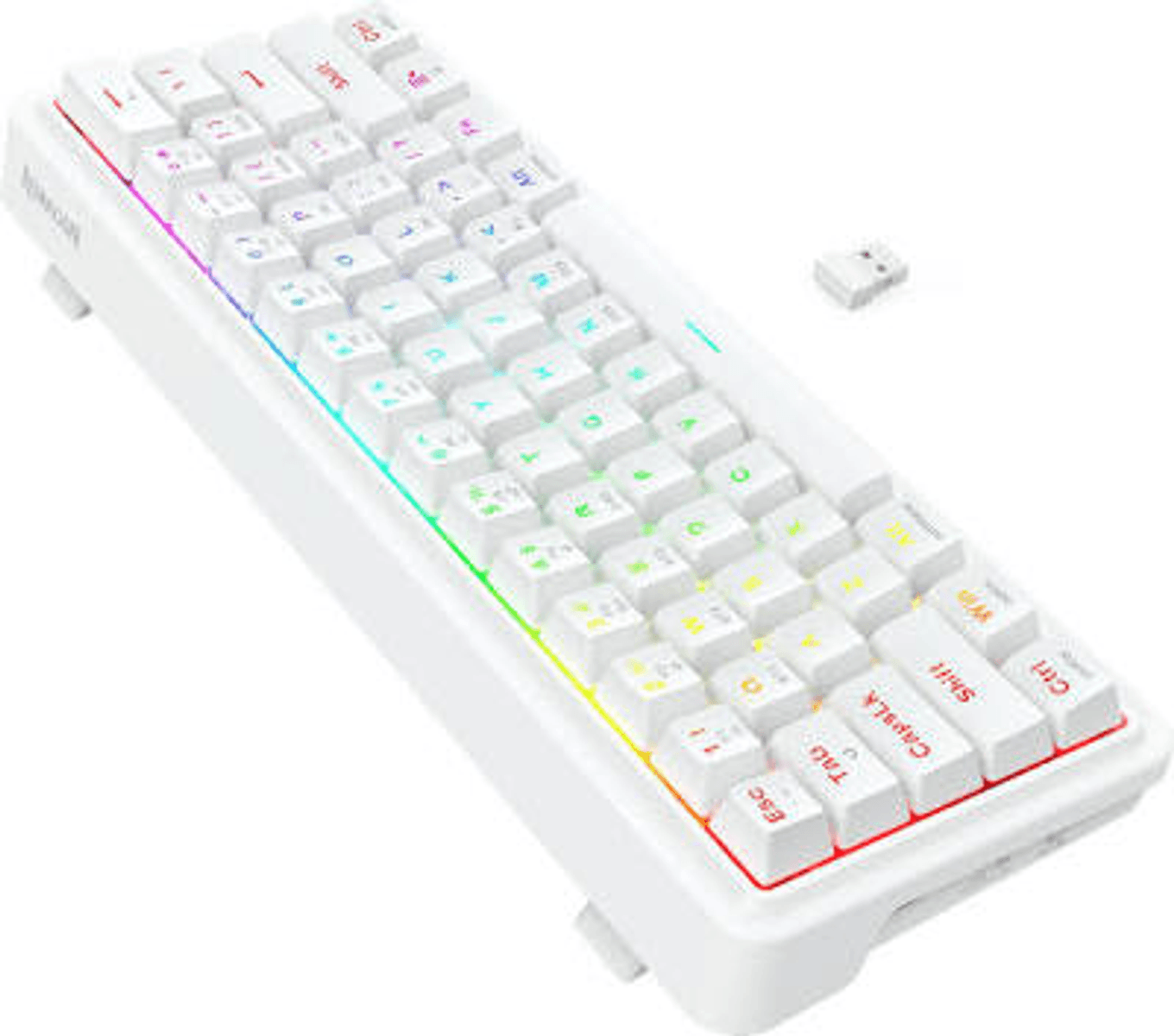 Tastiera da gioco wireless bianca compatta con illuminazione RGB e piccolo ricevitore USB su sfondo bianco.