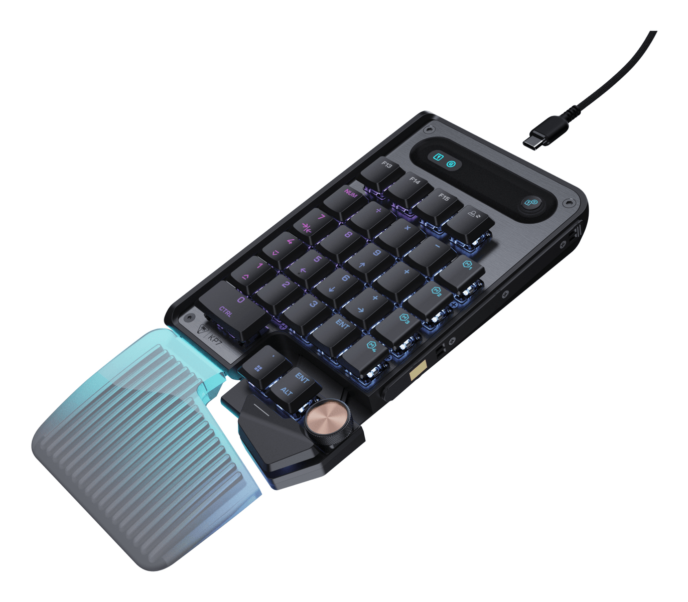 Schwarze mechanische Makrotastatur mit blauer Beleuchtung, Drehregler und abnehmbarer Handballenauflage.