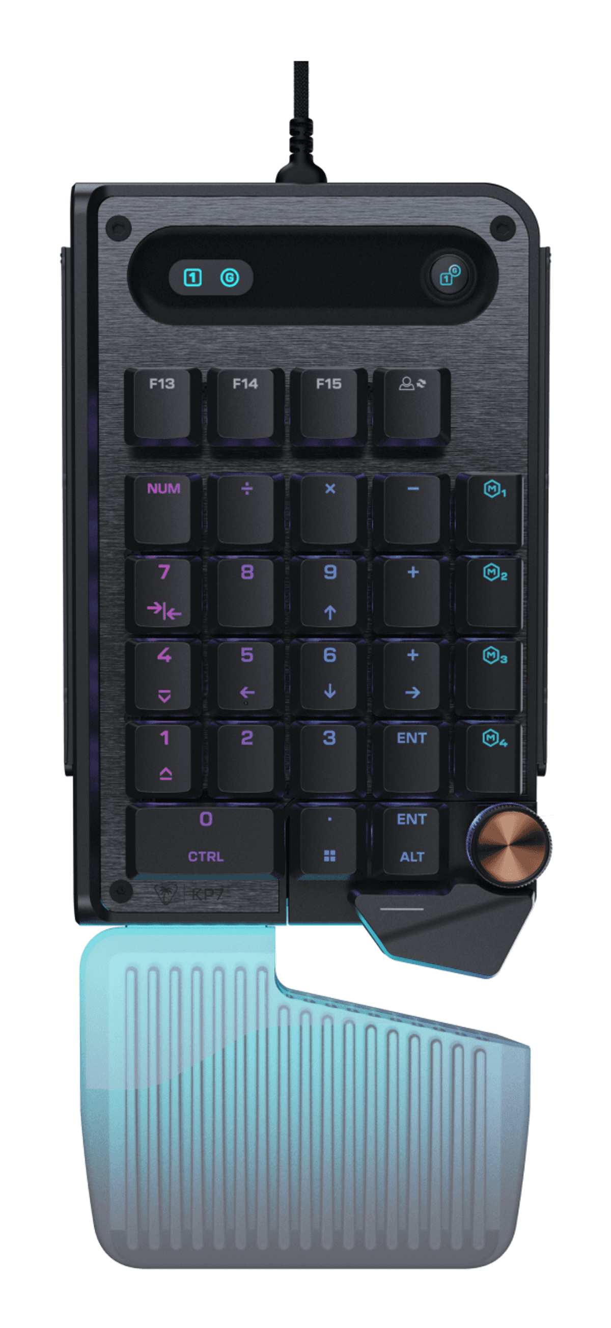 Ein schwarzes mechanisches Macropad mit blauer Beleuchtung, einem Drehregler und einer Handgelenkstütze.