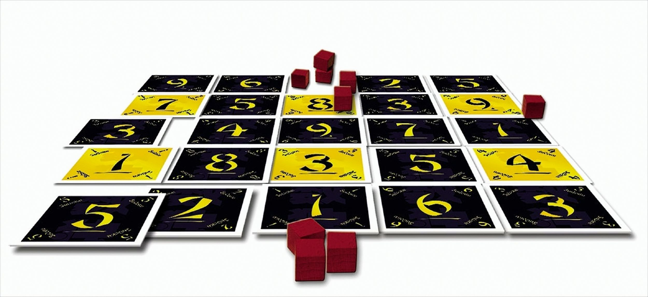 Ein Sudoku-Spielbrett mit schwarzen und gelben Karten mit Zahlen sowie einigen roten Holzwürfeln.