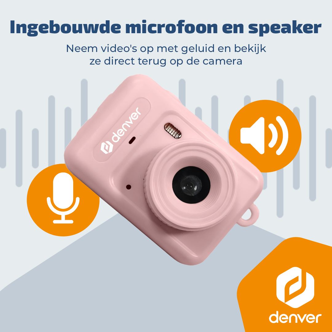 Roze kinderamera met ingebouwde microfoon en luidspreker, omringd door audio-iconen.