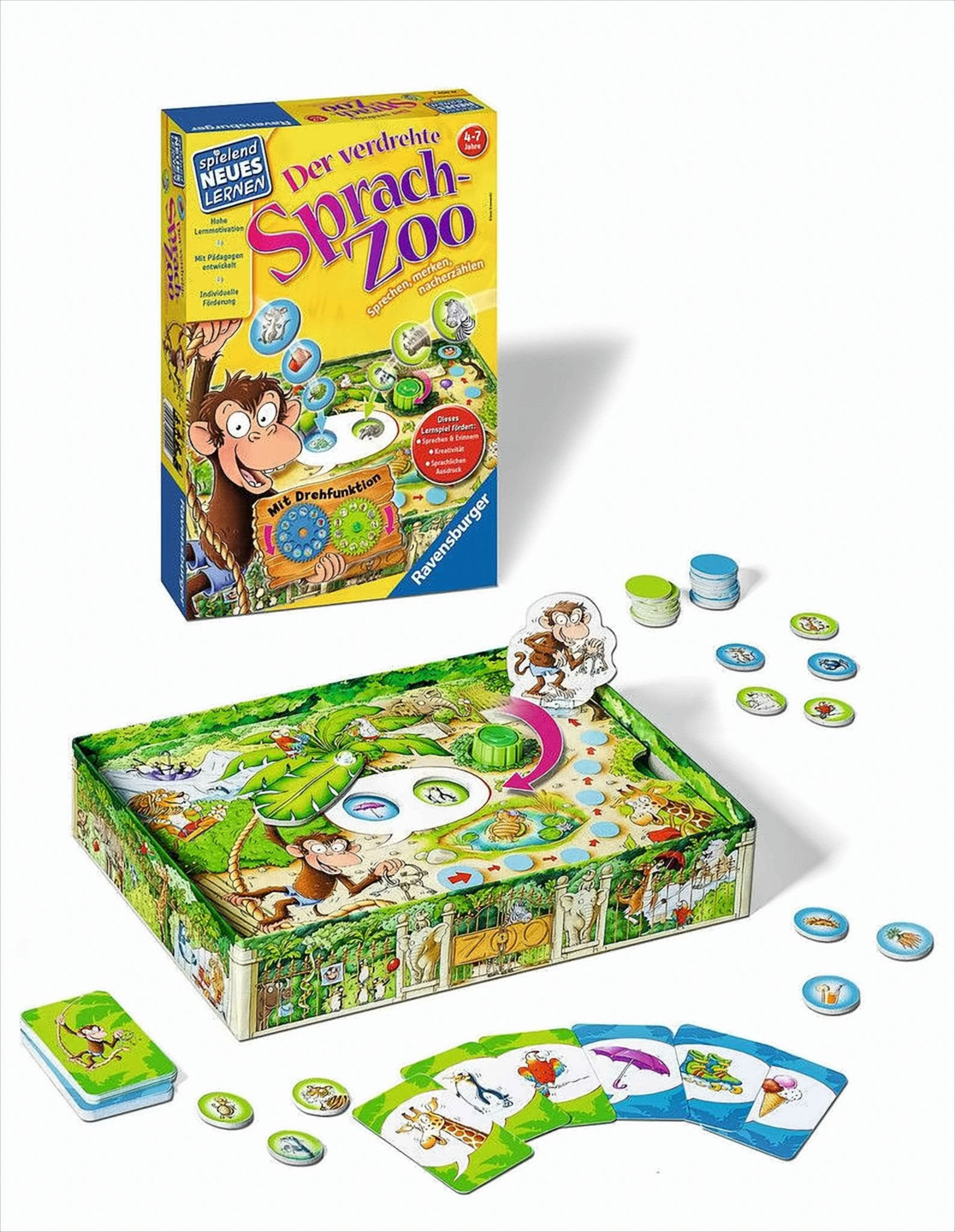 Ein Brettspiel mit Tiermotiven, Karten, Chips und Spielbox auf weißem Hintergrund.