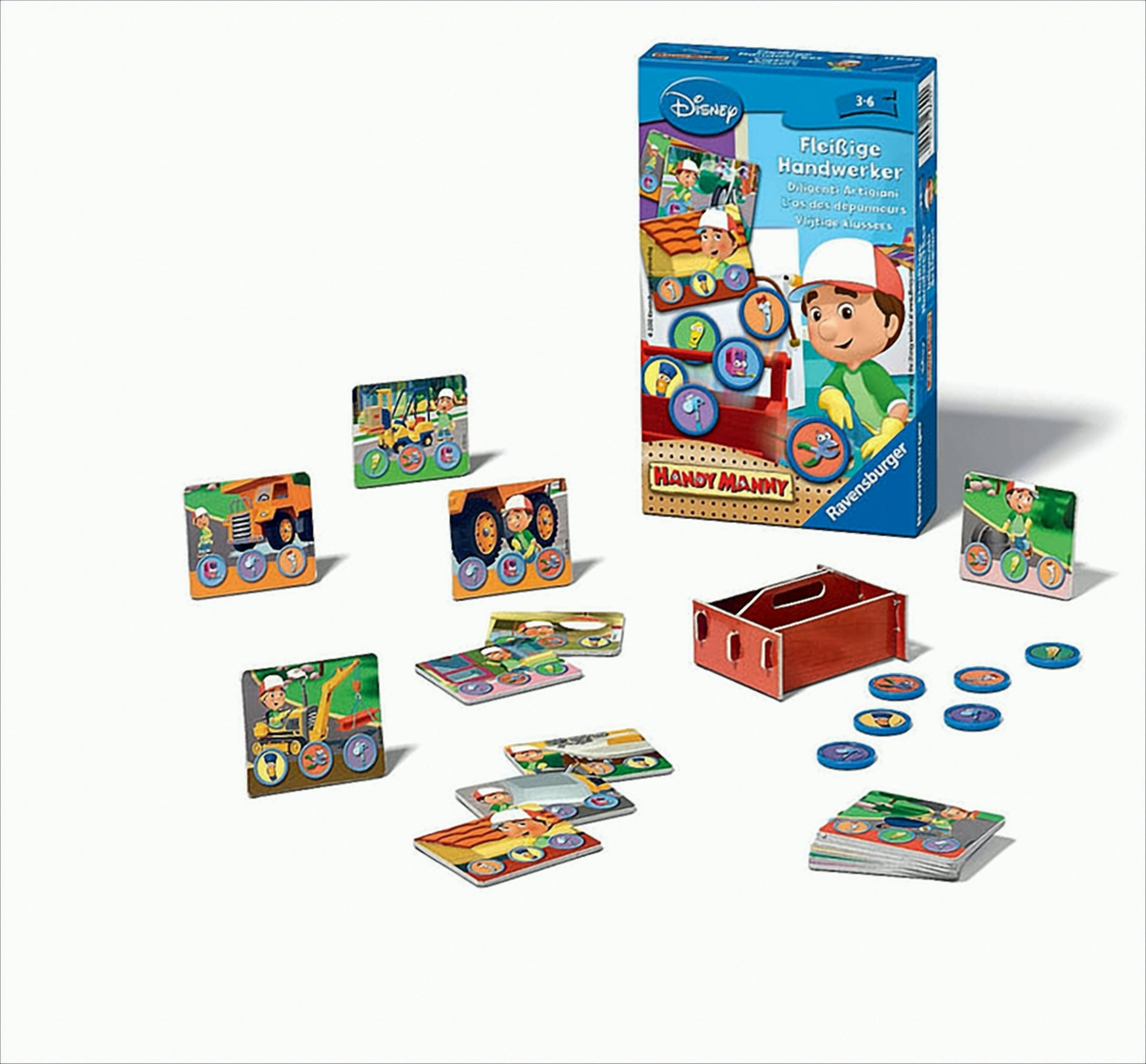 Handy Manny Brettspiel von Ravensburger mit Spielkarten, kleinen runden Chips, einer Schachtel und dem blauen Karton.