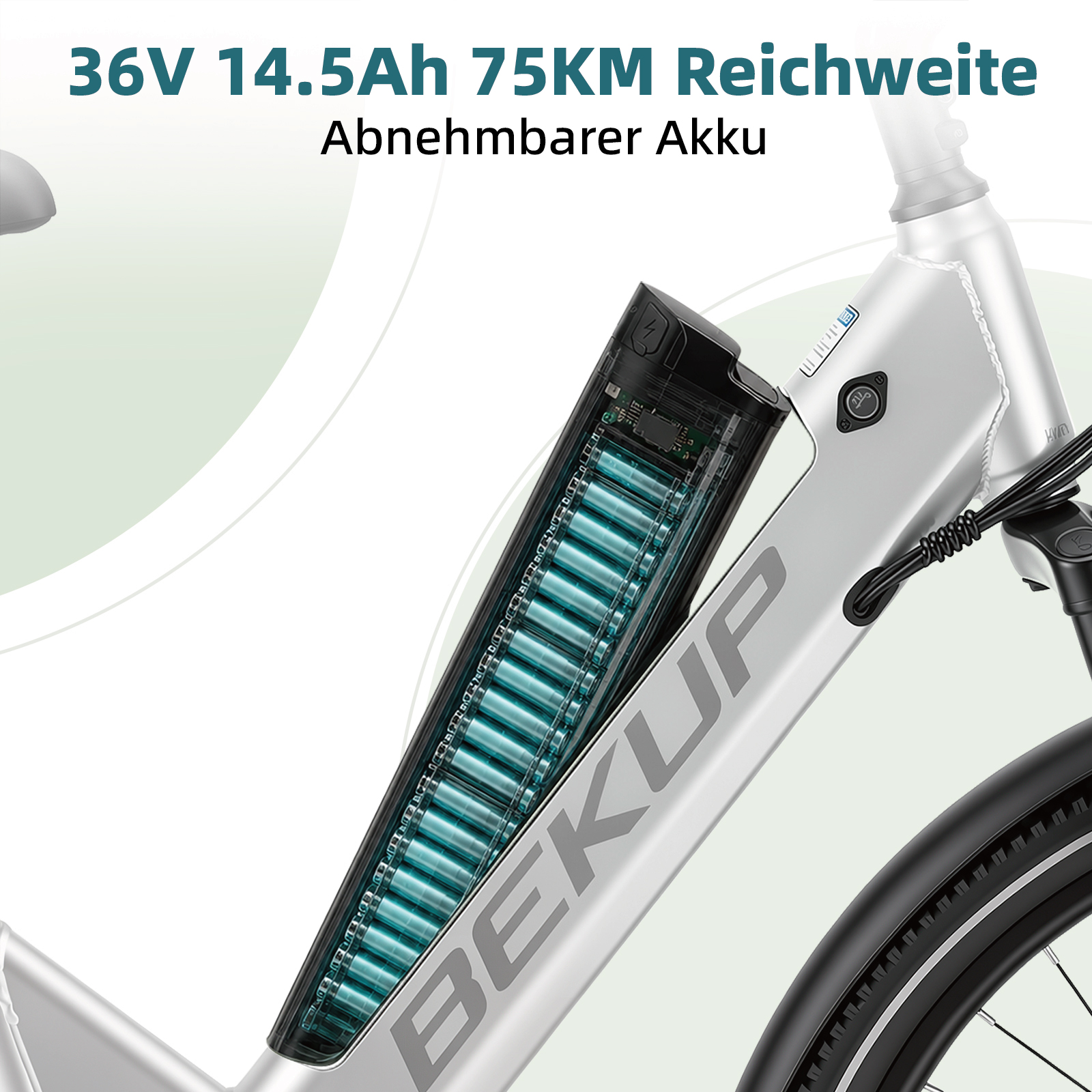 E-Bike-Rahmen mit transparenter Batterie und Text für 36V 14.5Ah 75KM Reichweite.