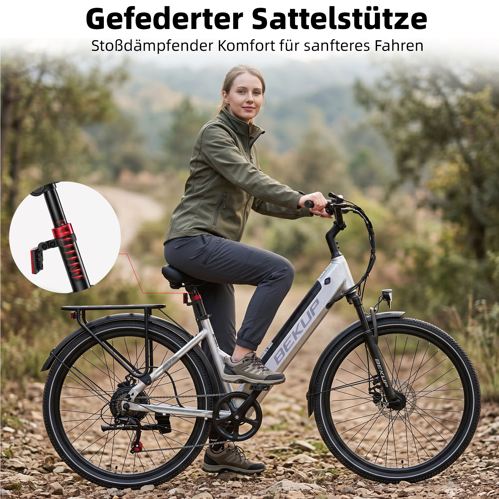 Eine Frau in Outdoor-Kleidung sitzt auf einem grauen E-Bike auf einem Feldweg mit einem Detailbild der Sattelstütze.