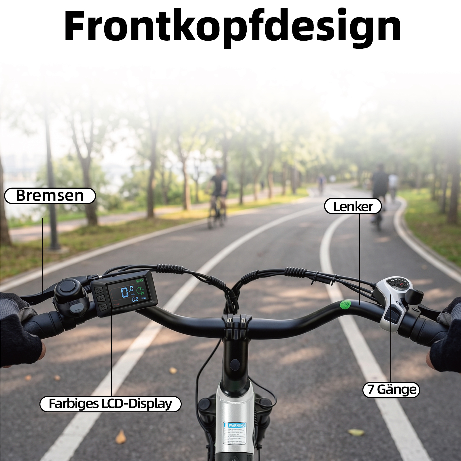 E-Bike-Lenker mit LCD-Display, Bremsen und 7-Gang-Schaltung auf einem asphaltierten Weg.