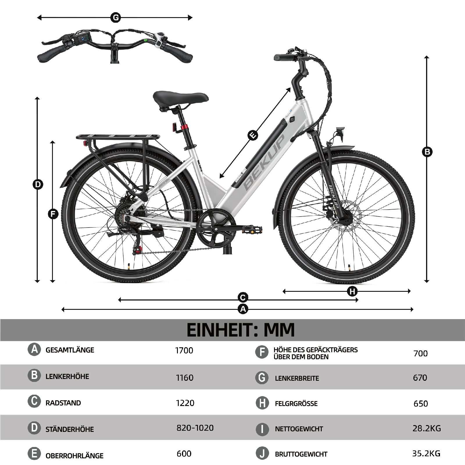 Technische Zeichnung eines silbernen E-Bikes mit Maßangaben in Millimetern für verschiedene Komponenten.