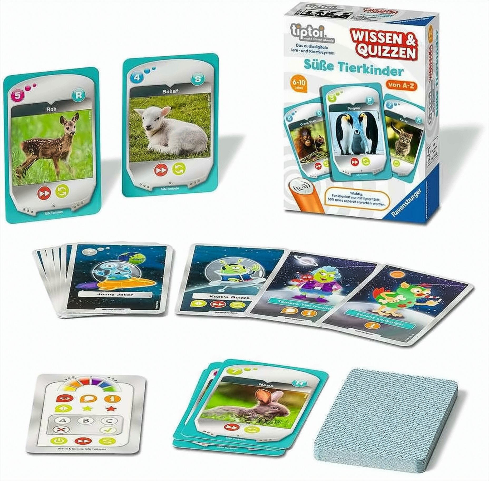Tiptoi Lernspiel 'Wissen & Quizzen' mit Tierkarten, Verpackung und Kontrollkarte auf weißem Hintergrund.