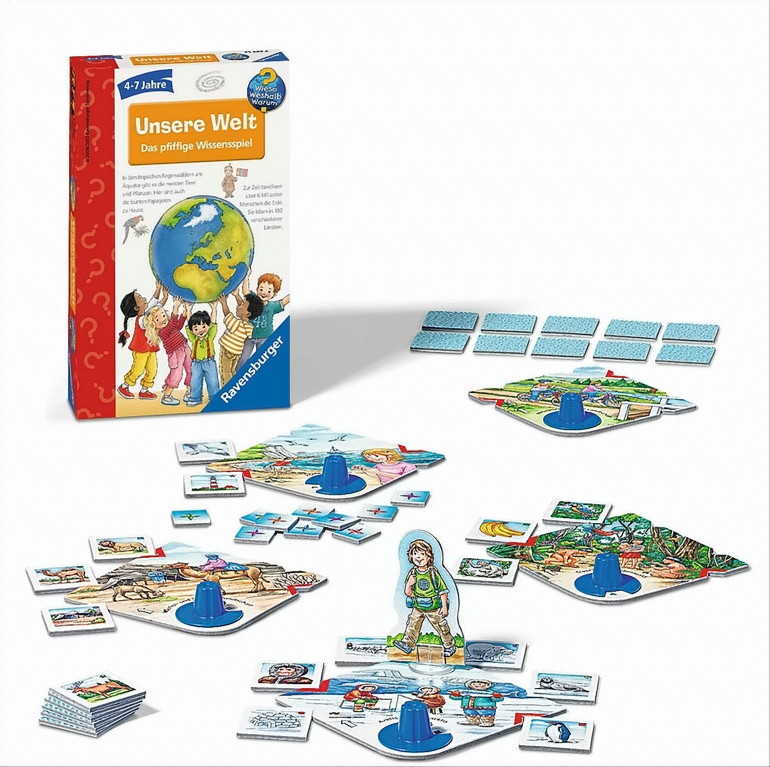 Ravensburger Brettspiel "Unsere Welt" mit bunten Plättchen, Figuren und einer Spielbox auf weißem Hintergrund.