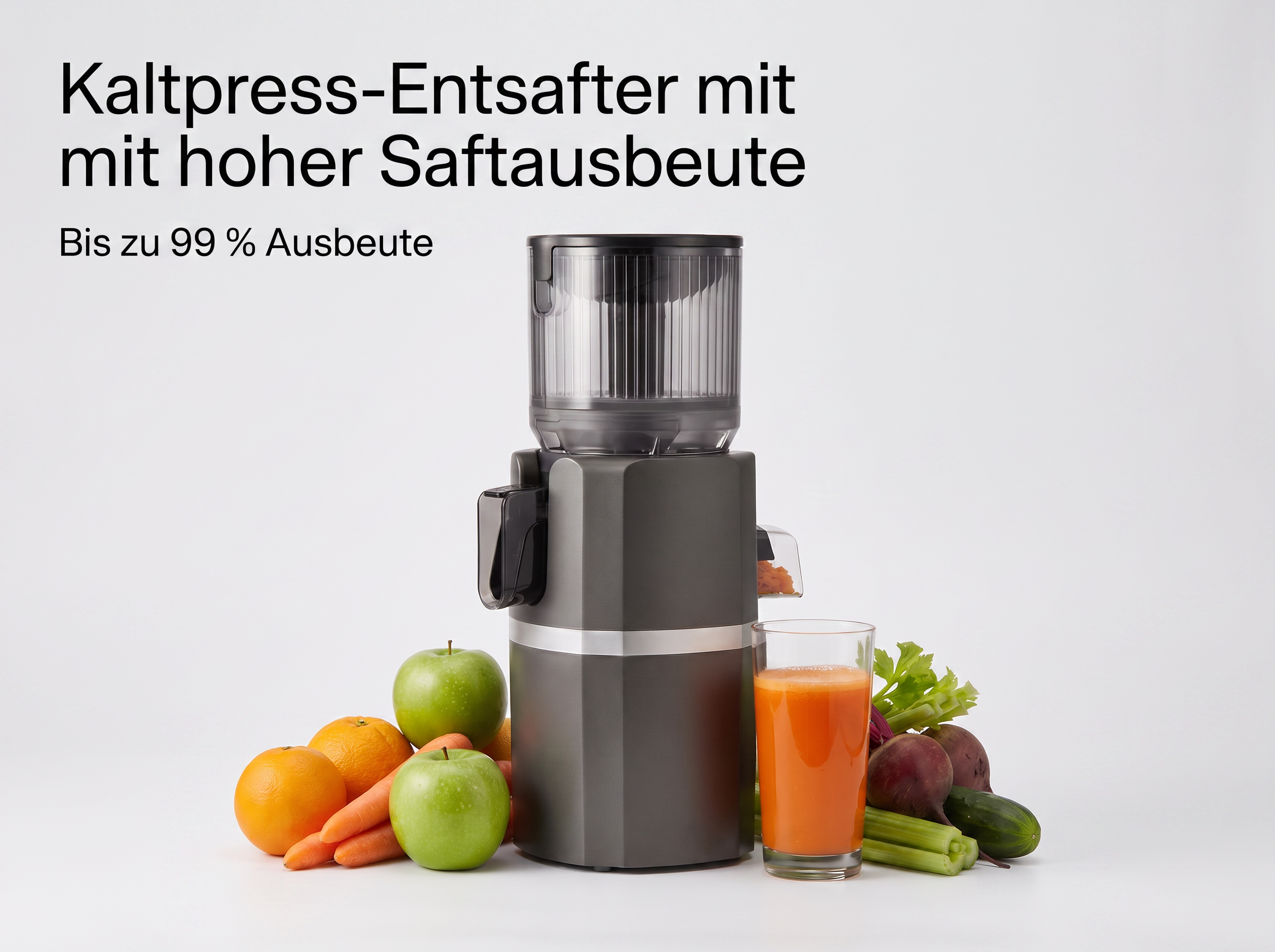 Grauer Entsafter mit frischem Obst, Gemüse und einem Glas Saft auf weißem Grund.