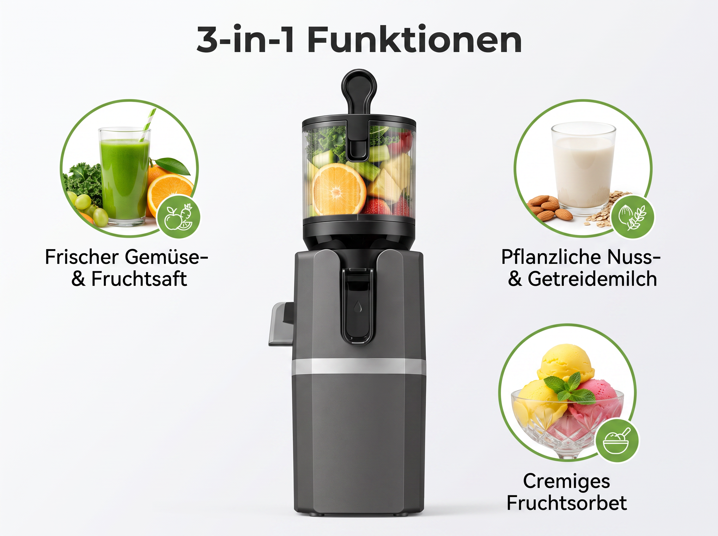 Ein grauer 3-in-1-Entsafter mit Beispielen für Saft, Nussmilch und Sorbet in runden Kreisen.