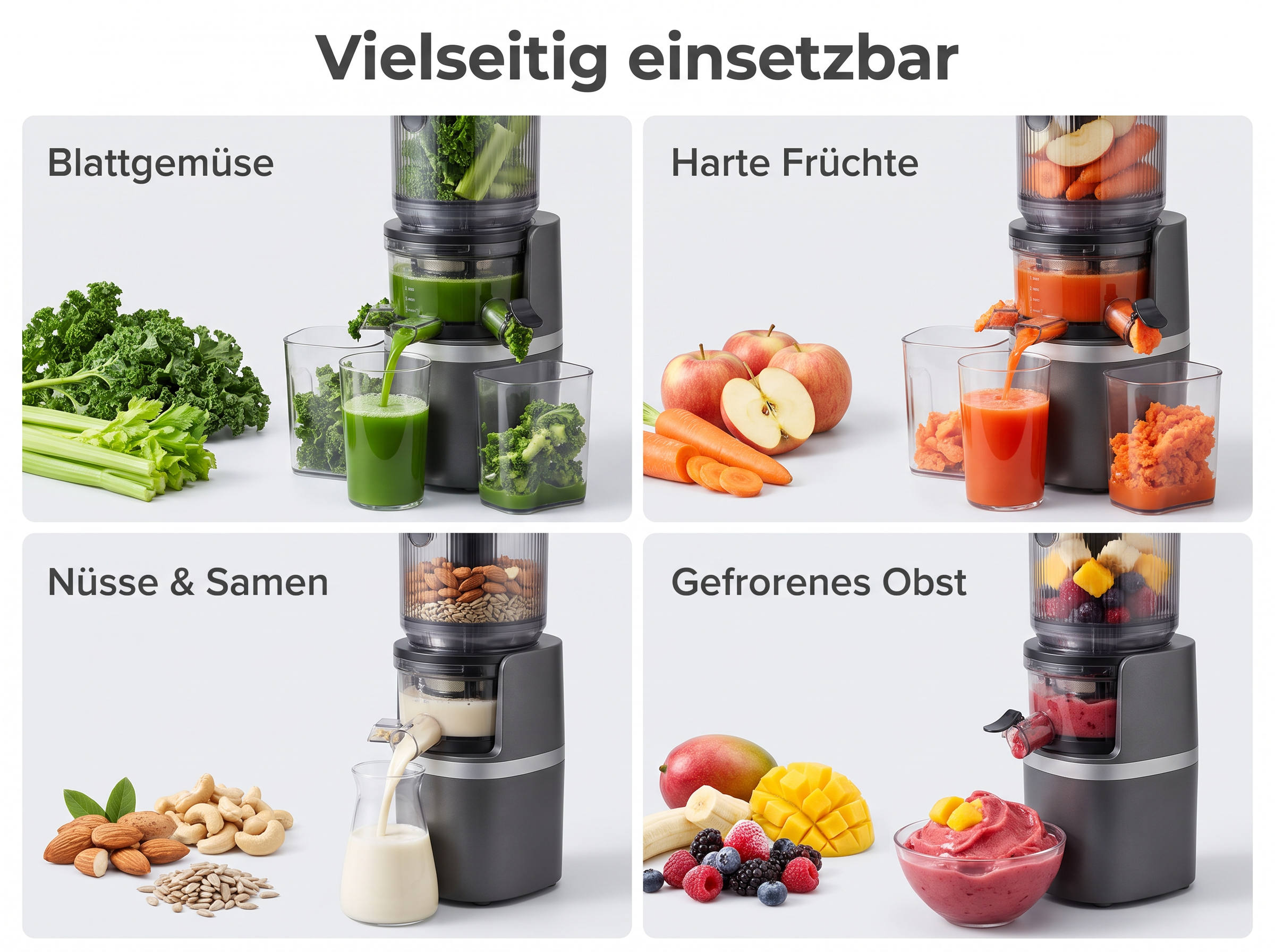Vielseitiger Entsafter zeigt vier Anwendungen für Gemüse, Früchte, Nüsse und gefrorenes Obst mit frischen Zutaten.