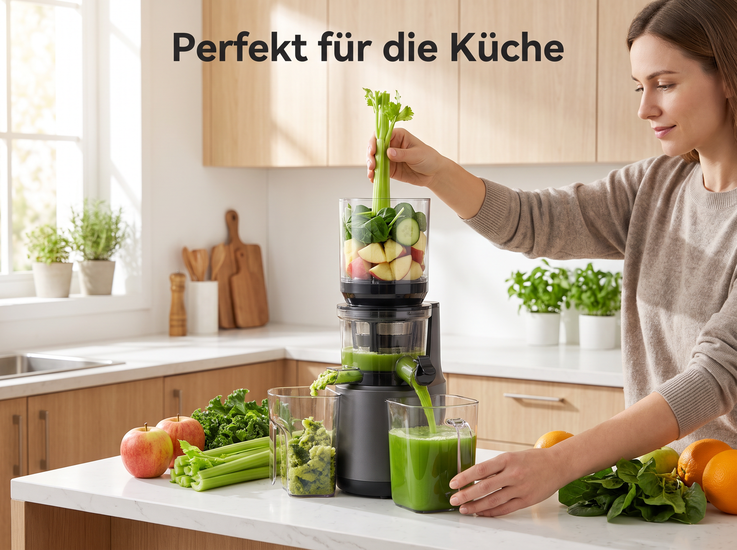 Eine Frau presst Sellerie, Äpfel und Gemüse in einem modernen Entsafter in einer hellen Küche.
