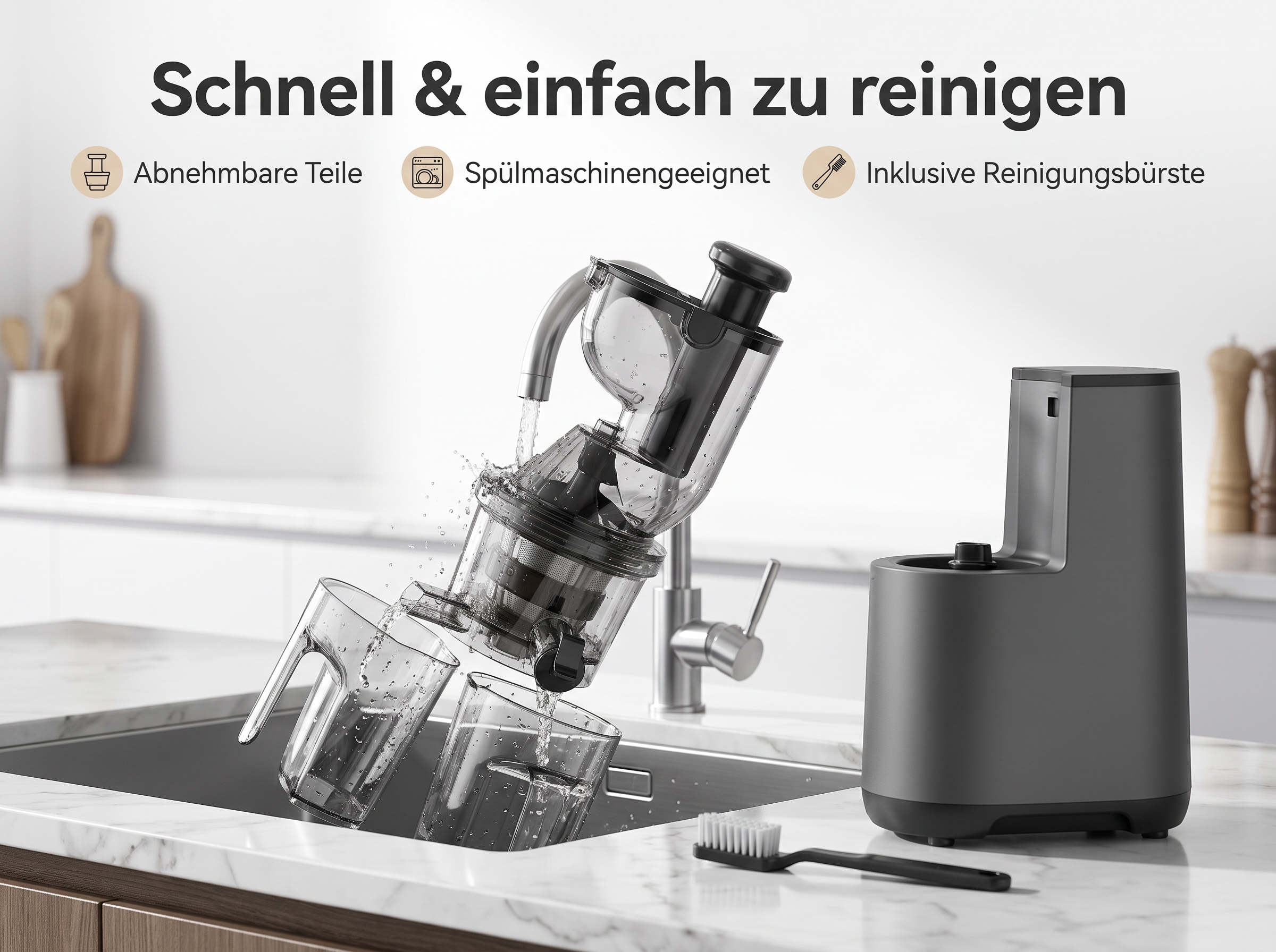 Entsafterteile werden in einer Spüle gewaschen, mit Text oben über einfache Reinigungsfunktionen.