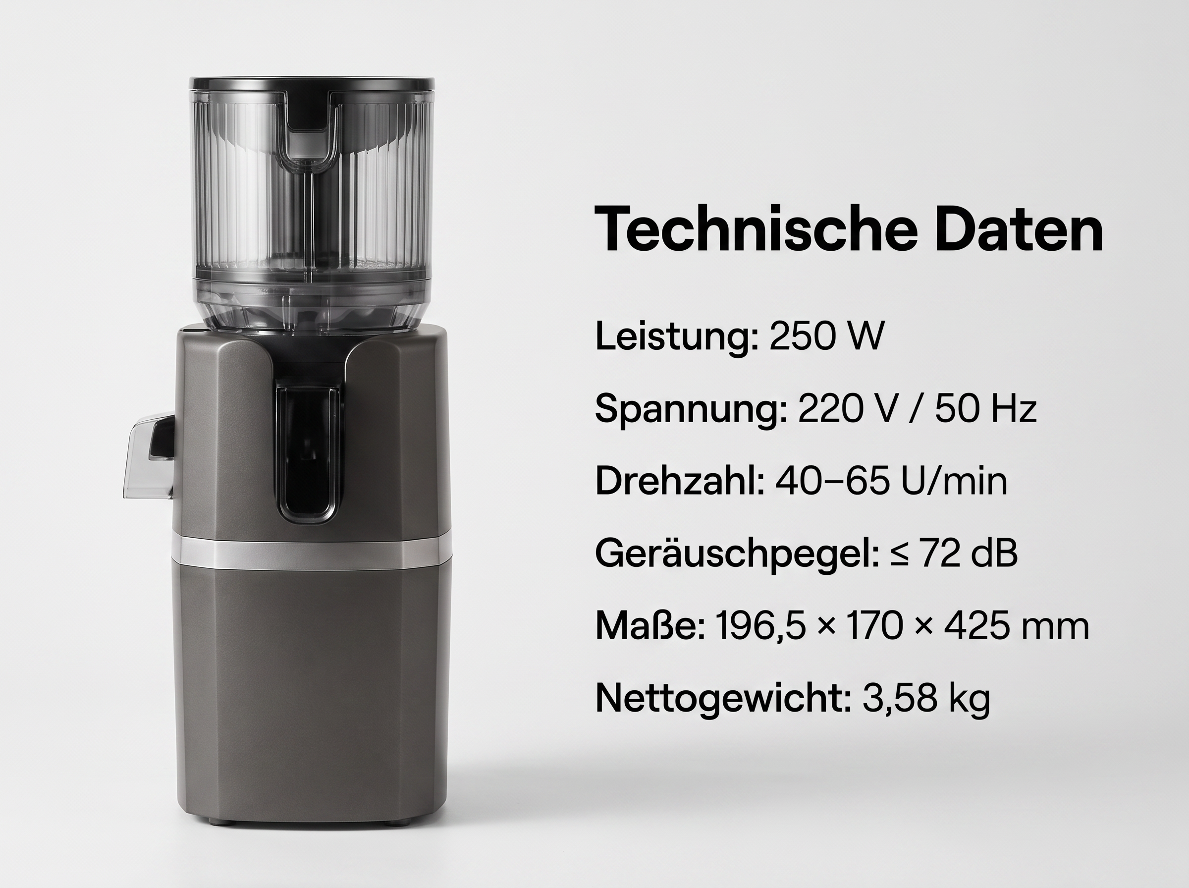 Grauer Entsafter mit transparentem Behälter und technischen Daten auf weißem Grund.