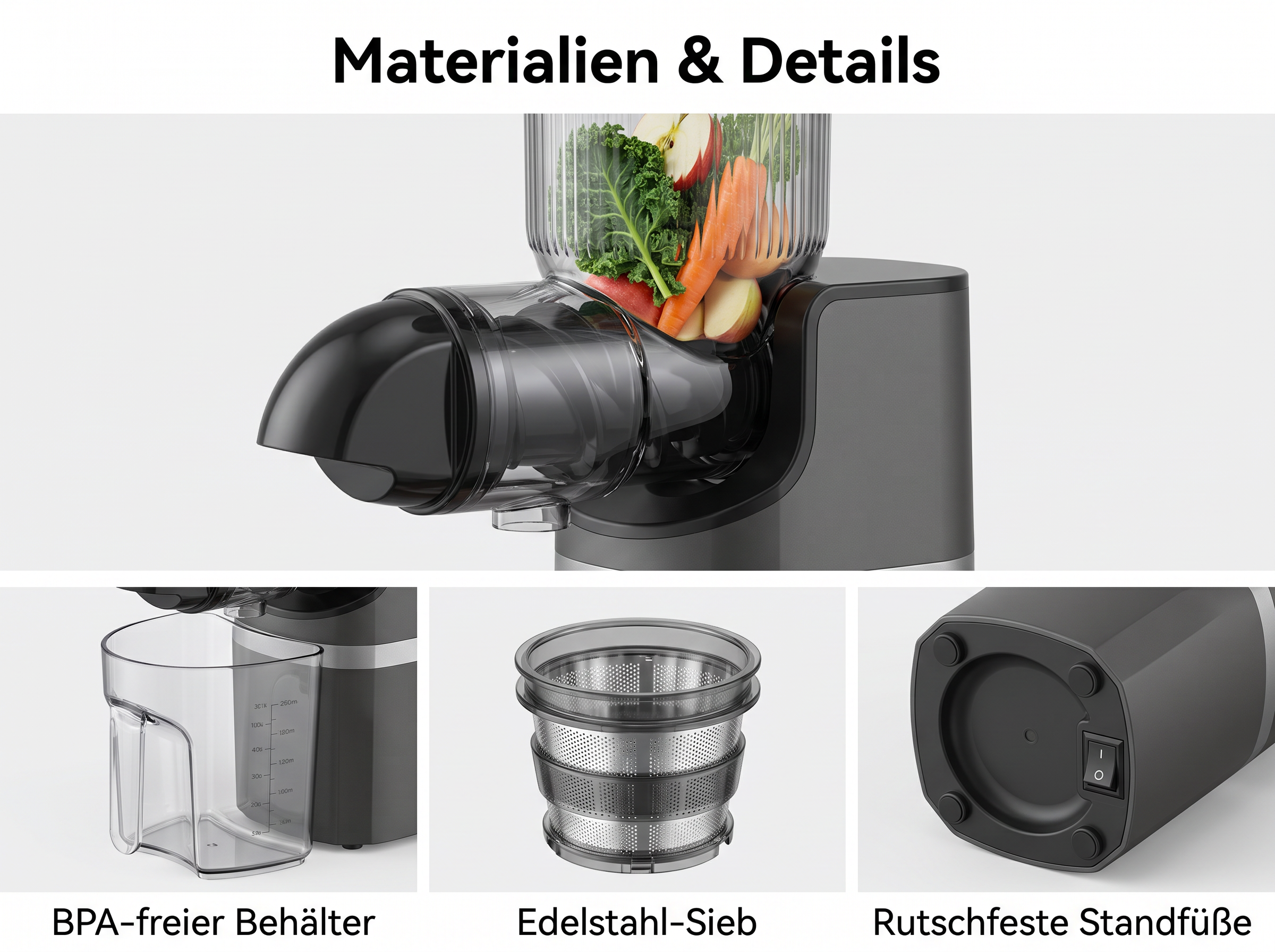 Ein schwarzer Entsafter mit frischem Gemüse, der Behälter, Sieb und rutschfeste Füße im Detail zeigt.