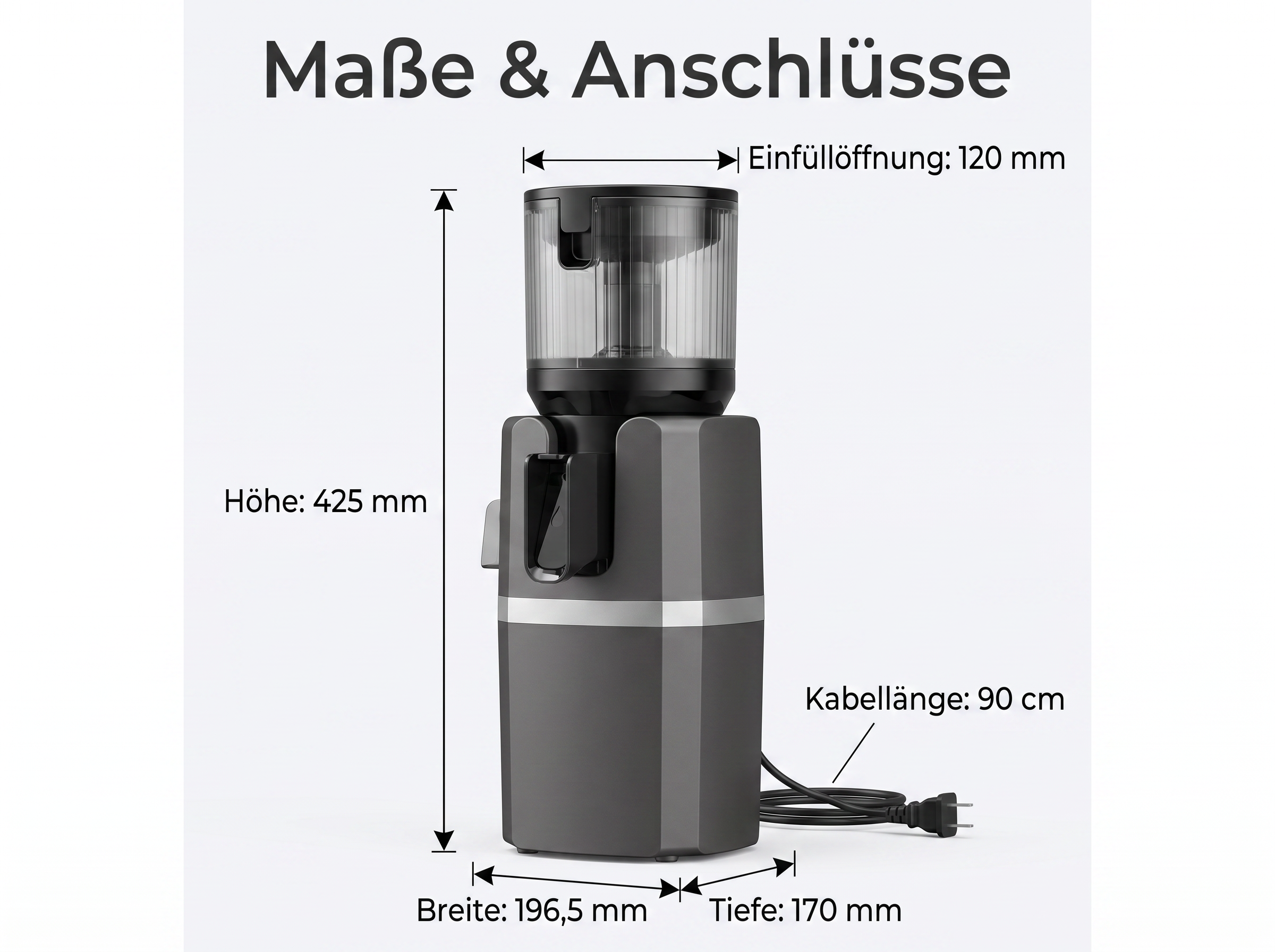 Diagramm zeigt Maße und Anschlüsse eines grauen Entsafters mit deutschen Maßangaben.