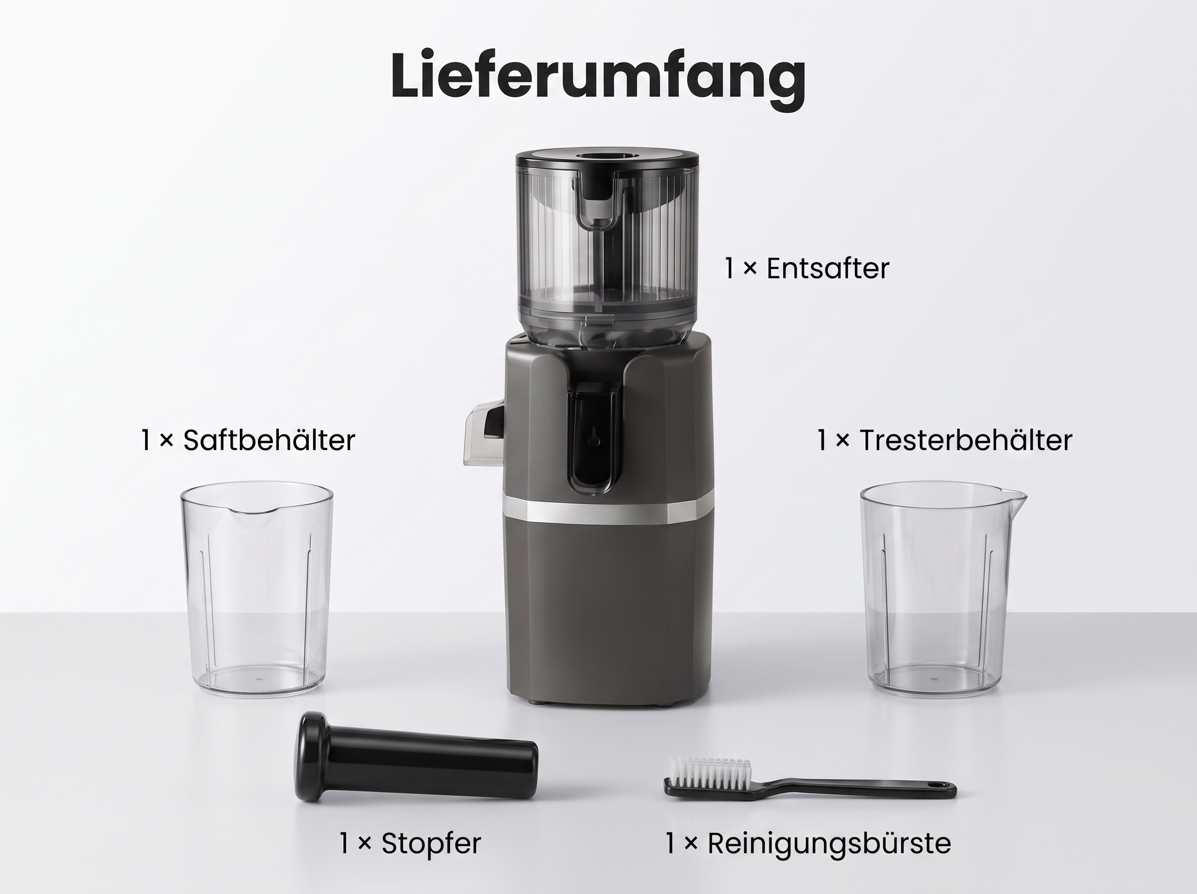 Entsafter mit Saftbehälter, Tresterbehälter, Stopfer und Reinigungsbürste.