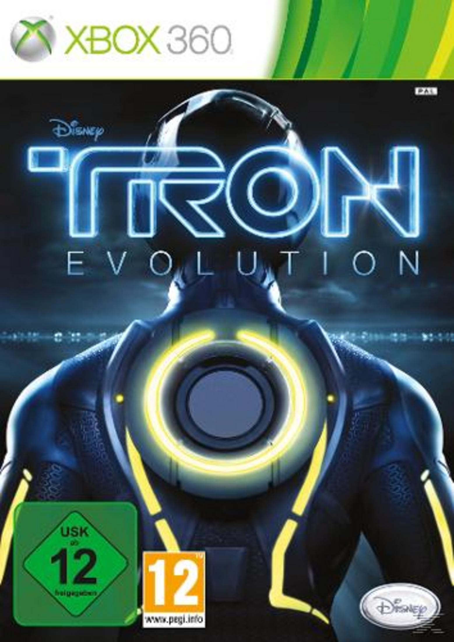 Xbox 360-Spielhülle für Tron Evolution zeigt eine Figur von hinten mit einer leuchtend gelben Scheibe.