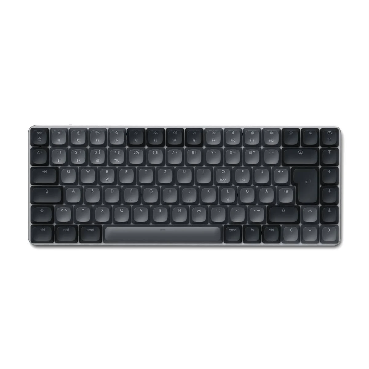 Eine kompakte, graue kabellose Tastatur mit flachen Tasten und deutschem QWERTZ-Layout auf weißem Hintergrund.