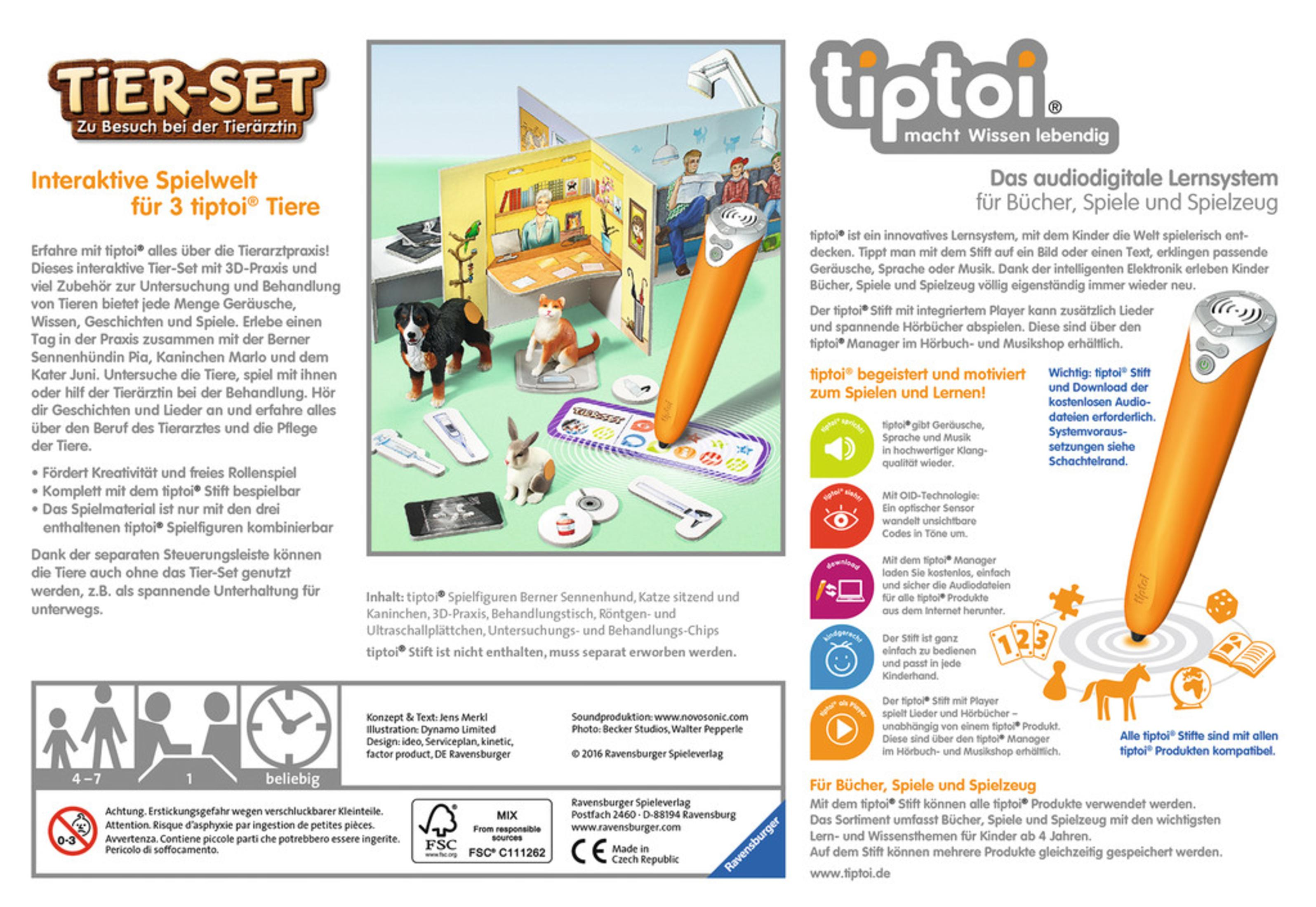 Tiptoi Tier-Set Verpackung mit Spielzeug, Tieren, Beschreibung und oranger Tiptoi Stift.