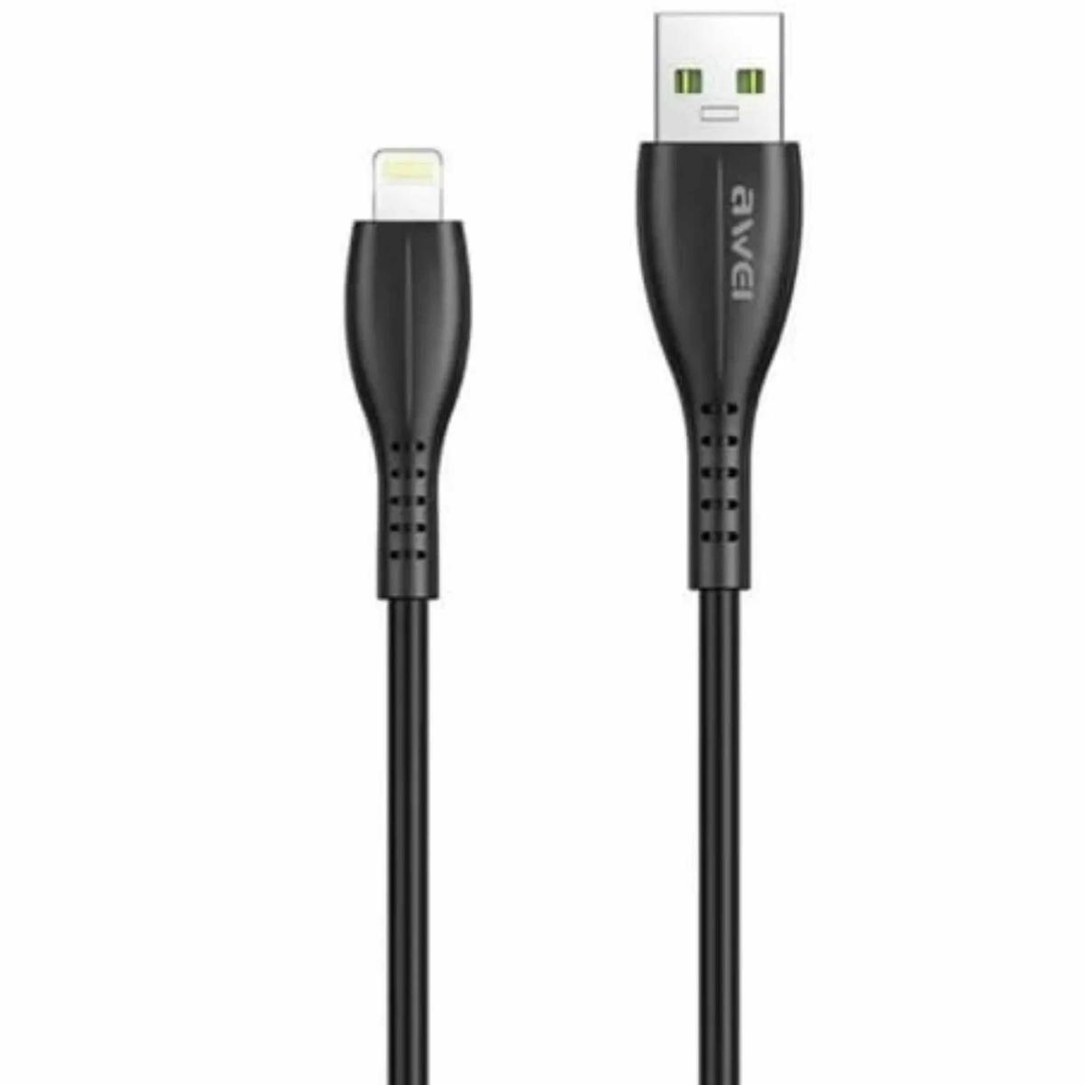 Un cavo di ricarica nero con connettore USB e connettore Lightning su sfondo bianco.