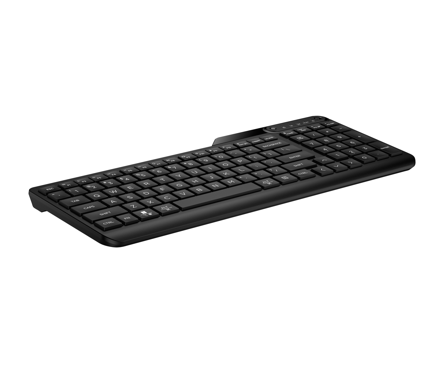 Una tastiera wireless nera con tastierino numerico e controlli multimediali, vista di lato su sfondo bianco.