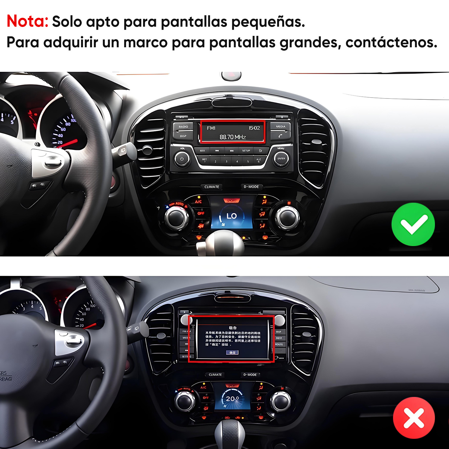 Comparación de dos tableros de auto con pantallas, uno con marca verde y otro con cruz roja.