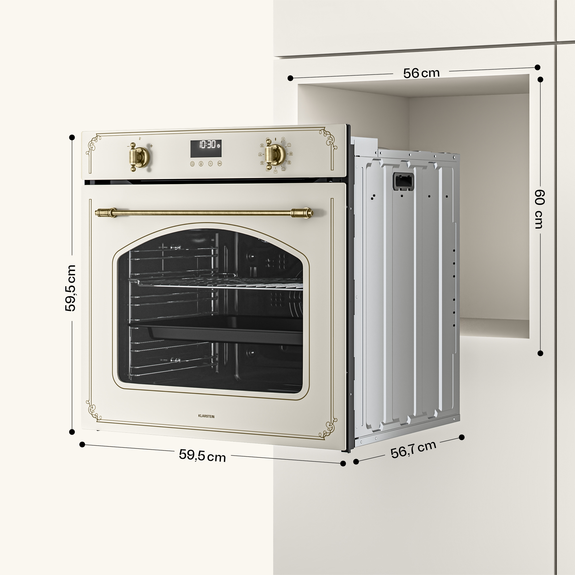 Beige Einbaukasten mit goldenen Details und Maßen vor einem Schrank.