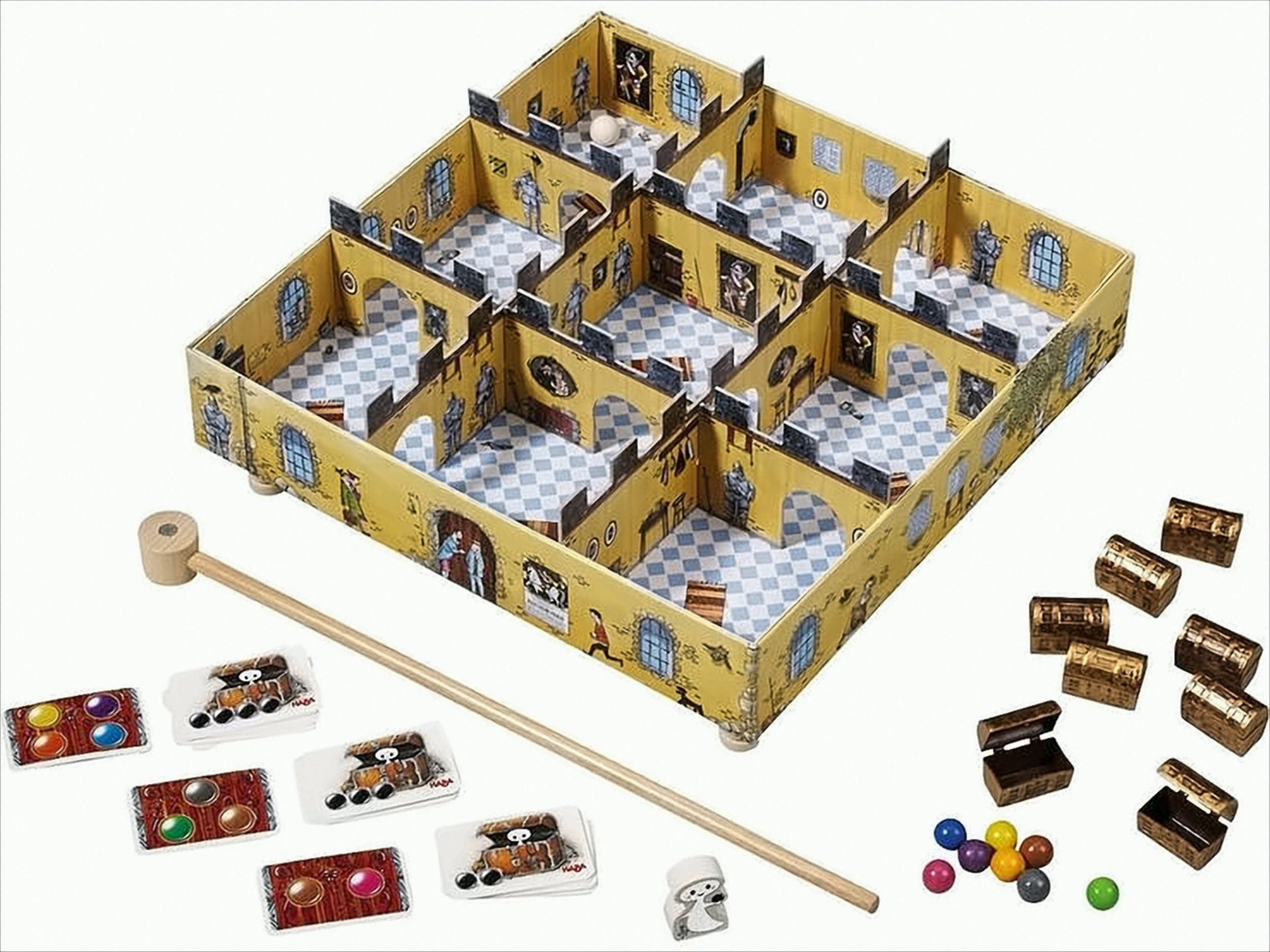 Ein schlossartiges Brettspiel mit mehrräumiger Schachtel, Holzzapfen, Karten, farbigen Perlen und Schatztruhen.