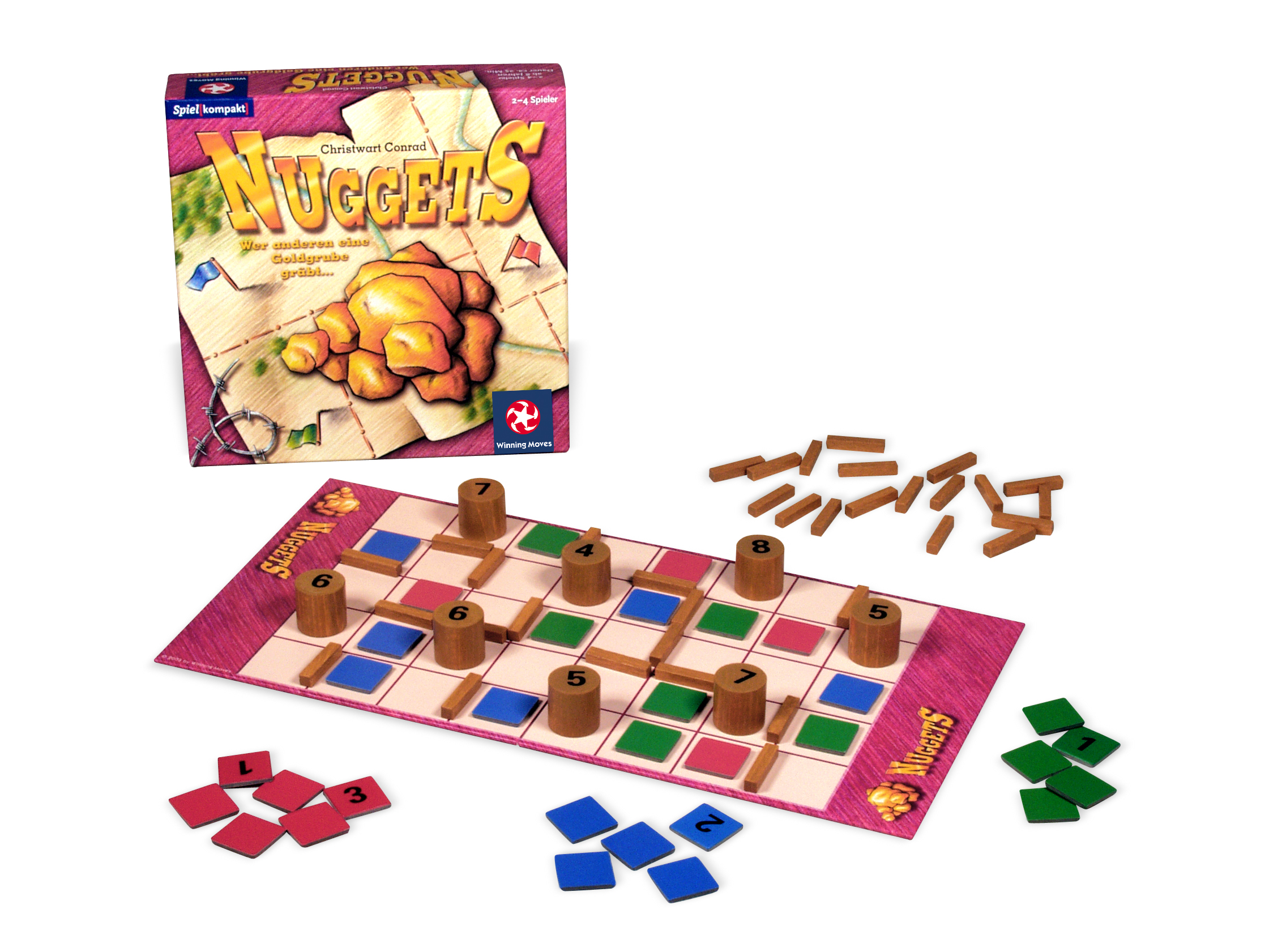 Das Brettspiel Nuggets mit Box, nummerierten Holzklötzen, Stäben und bunten Plättchen auf weißem Hintergrund.