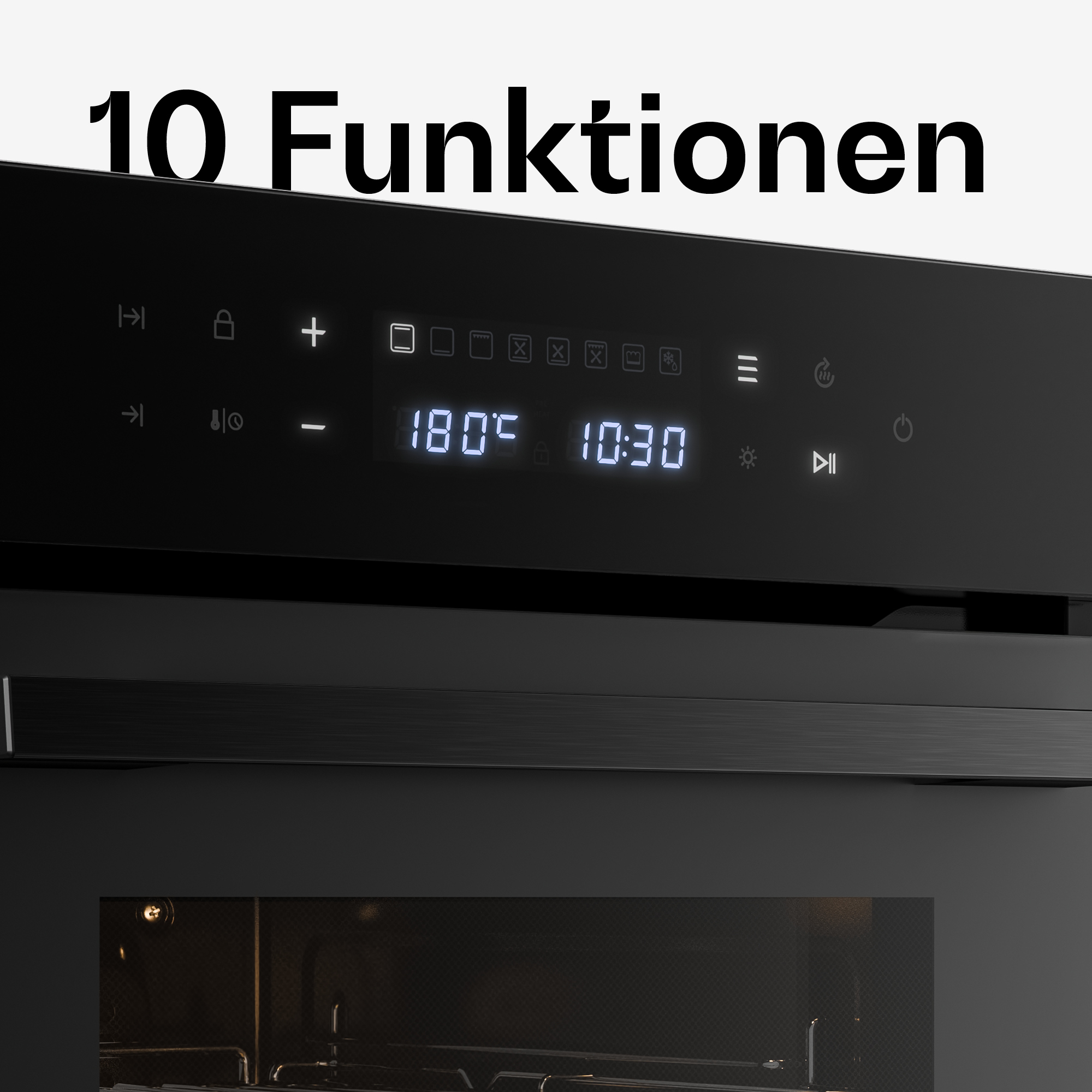 Schwarzes Backofen-Bedienfeld mit digitalem Display, Temperaturanzeige 180°C und Uhrzeit.