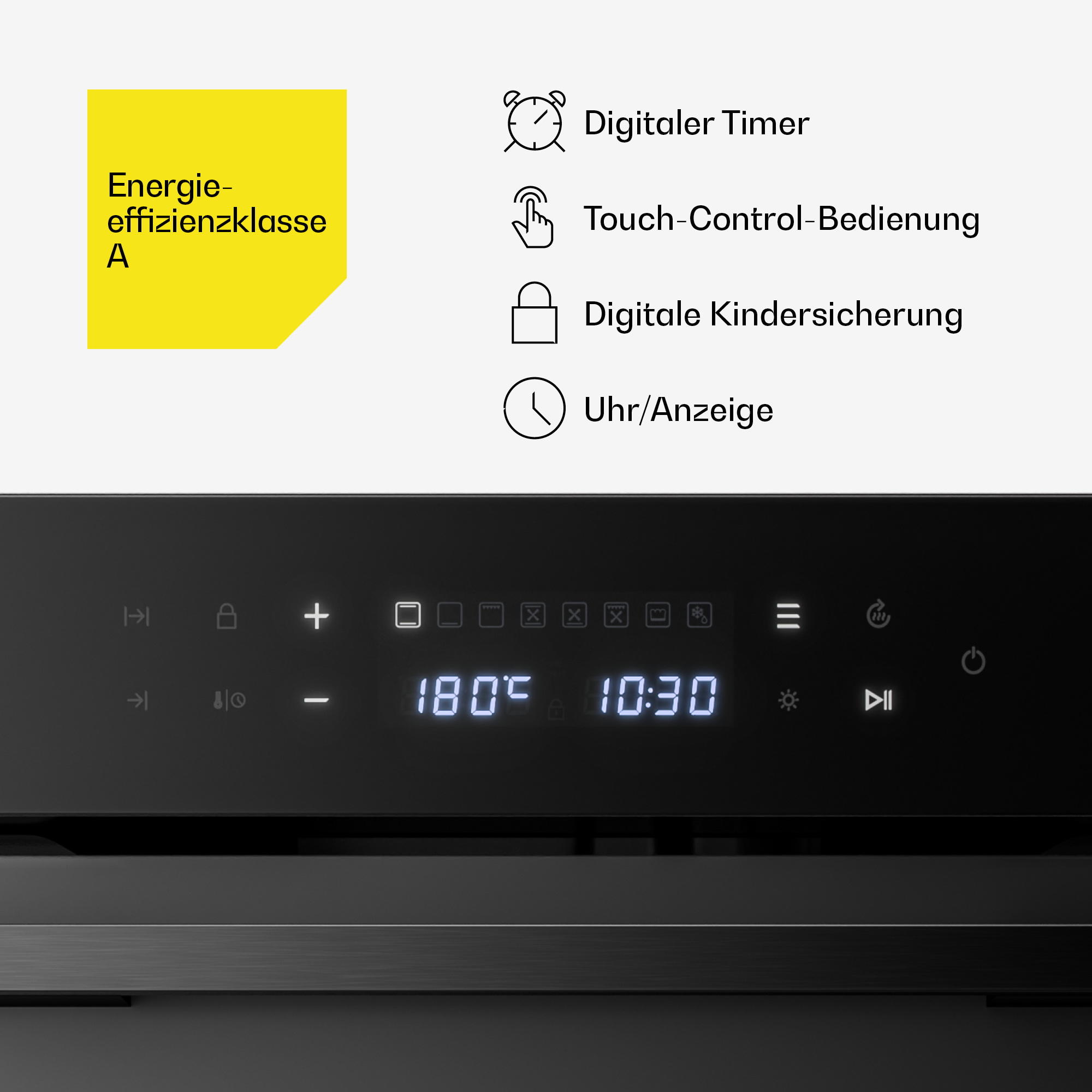 Backofen-Features: Energieklasse A, digitaler Timer, Touch-Control, Kindersicherung und Uhrdisplay über schwarzem Bedienfeld.