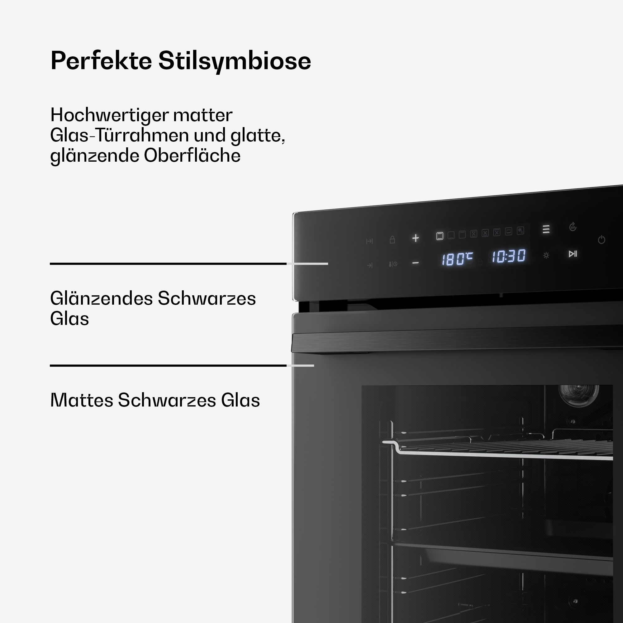 Ein schwarzer Ofen mit glänzenden und matten Oberflächen und digitalem Display.