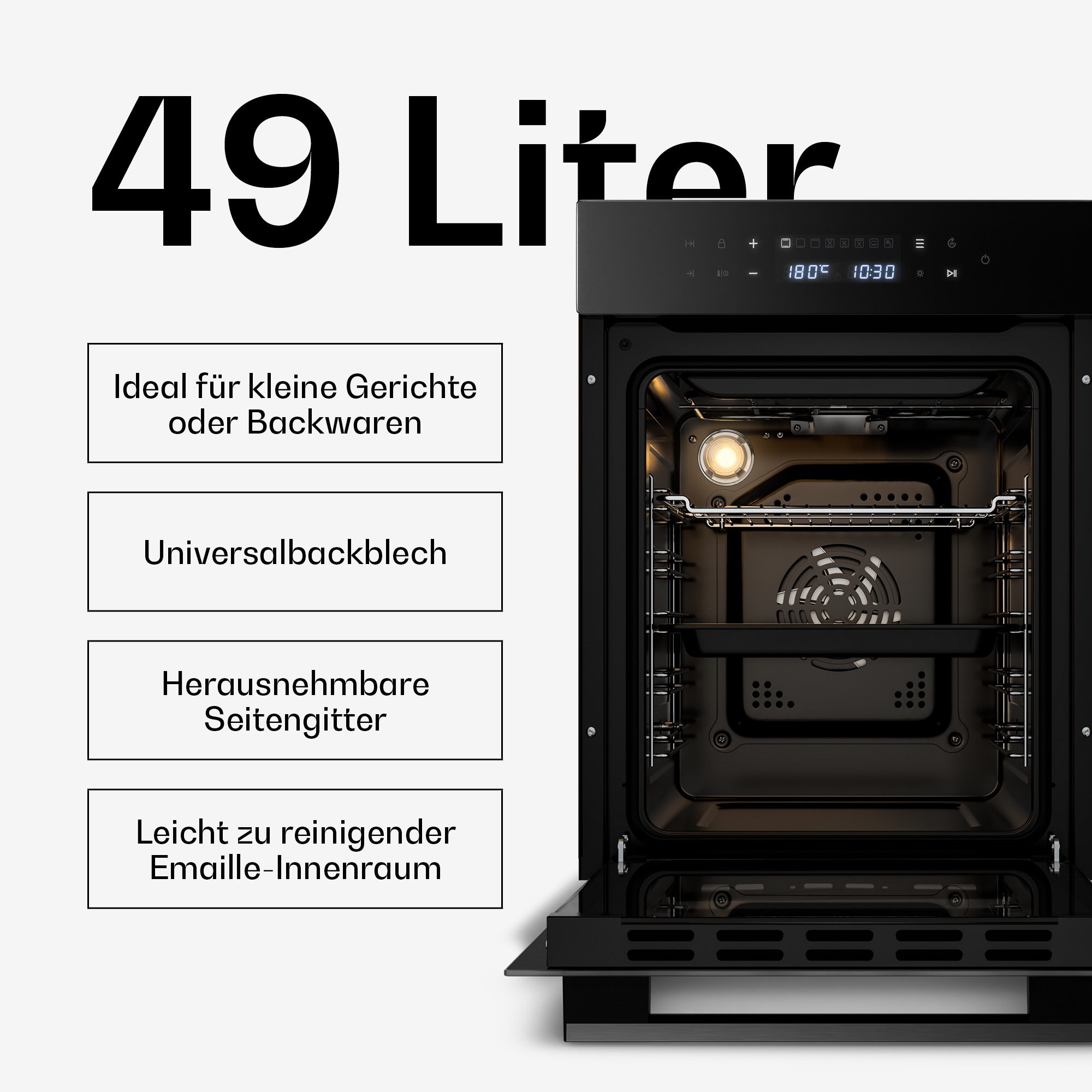 Ein schwarzer Ofen mit 49 Litern Fassungsvermögen, offenem Innenraum und vier Textfeldern mit Produktmerkmalen.