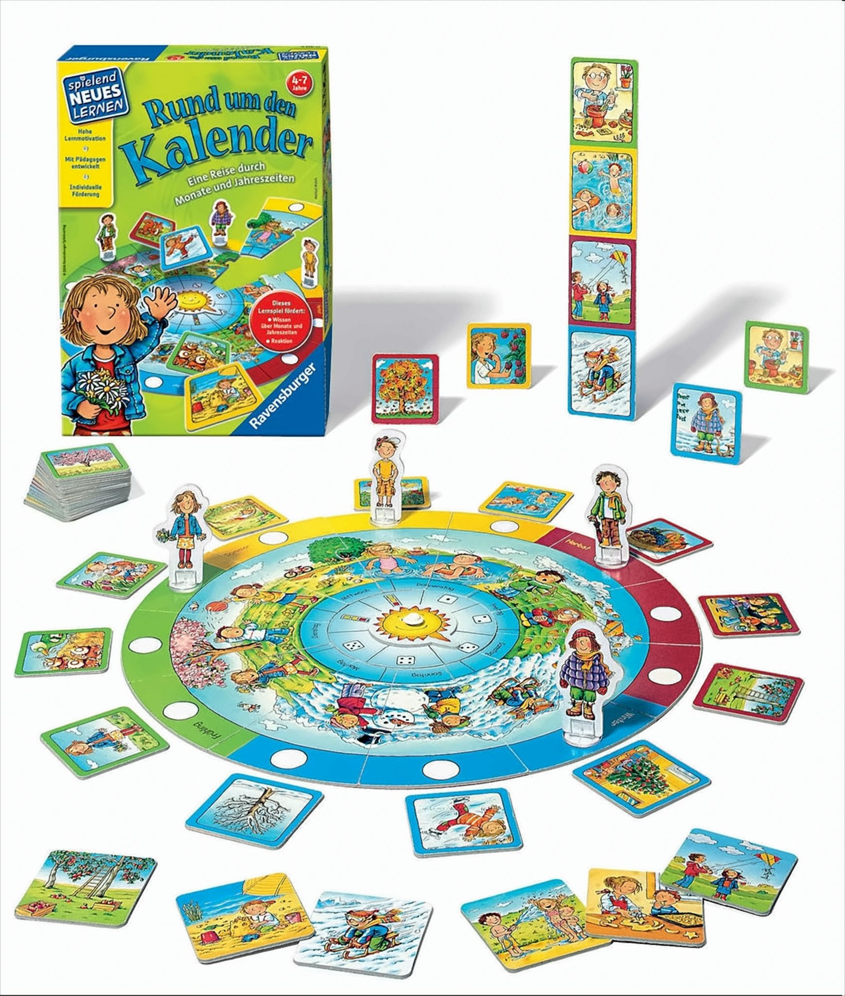 Kalender-Brettspiel mit buntem runden Spielplan, Schachtel, Spielfiguren und Jahreszeitkarten.