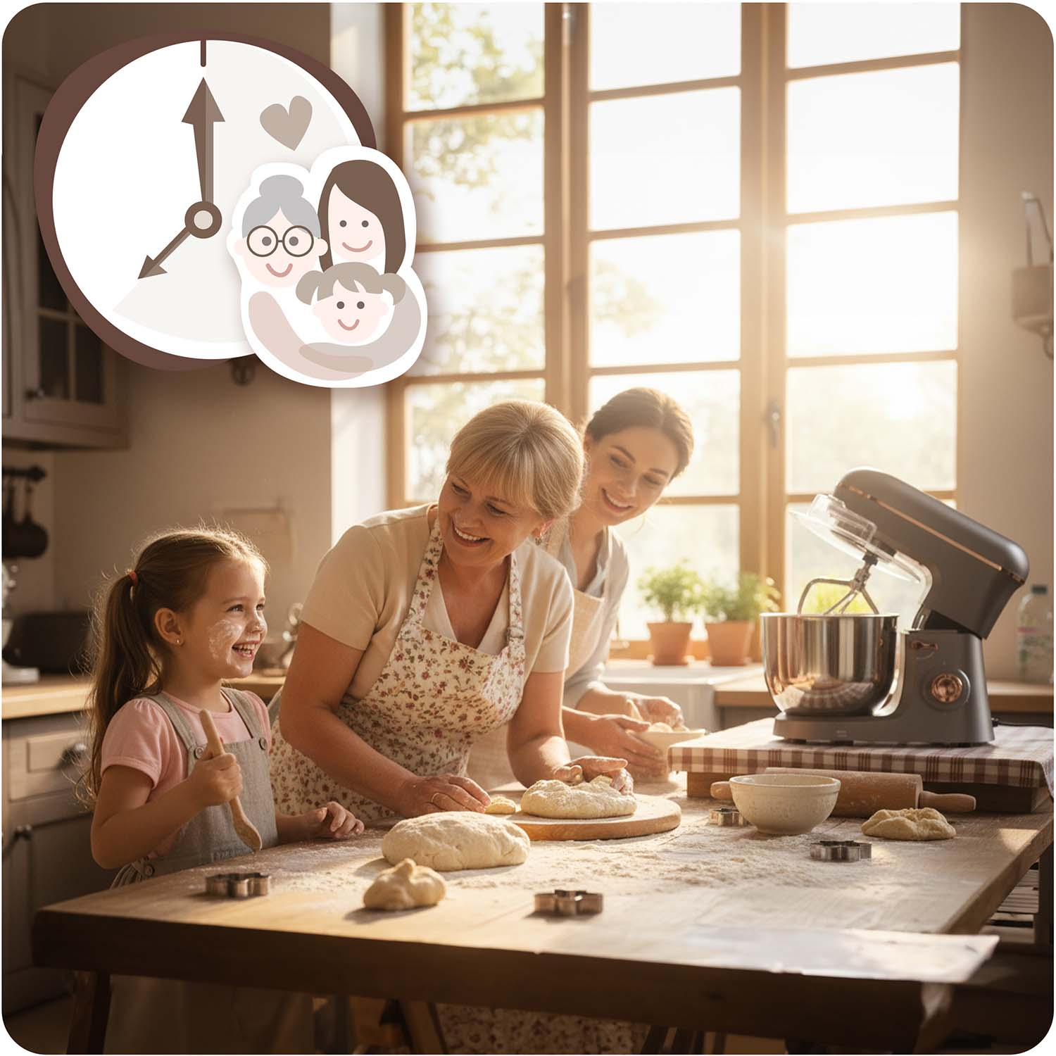 Babcia, mama i dziecko zagniatają ciasto w słonecznej kuchni, z mikserem i mąką na stole.
