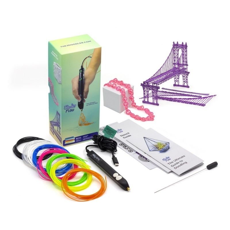 Kit de lápiz 3D con caja, filamentos coloridos, lápiz, guías y modelos 3D como un puente morado.