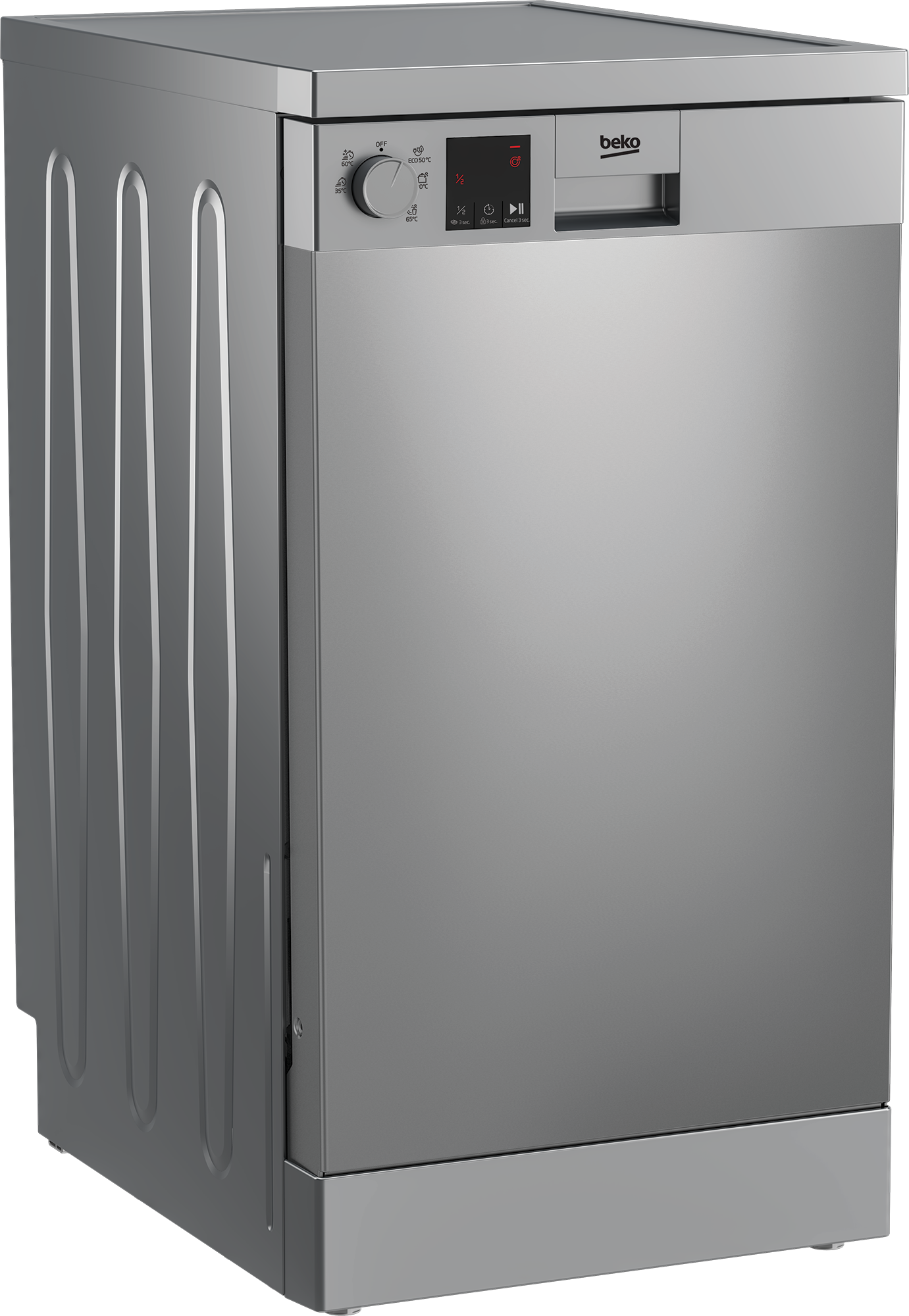Lavastoviglie Beko argentata a libera installazione con pannello di controllo frontale e manopola.